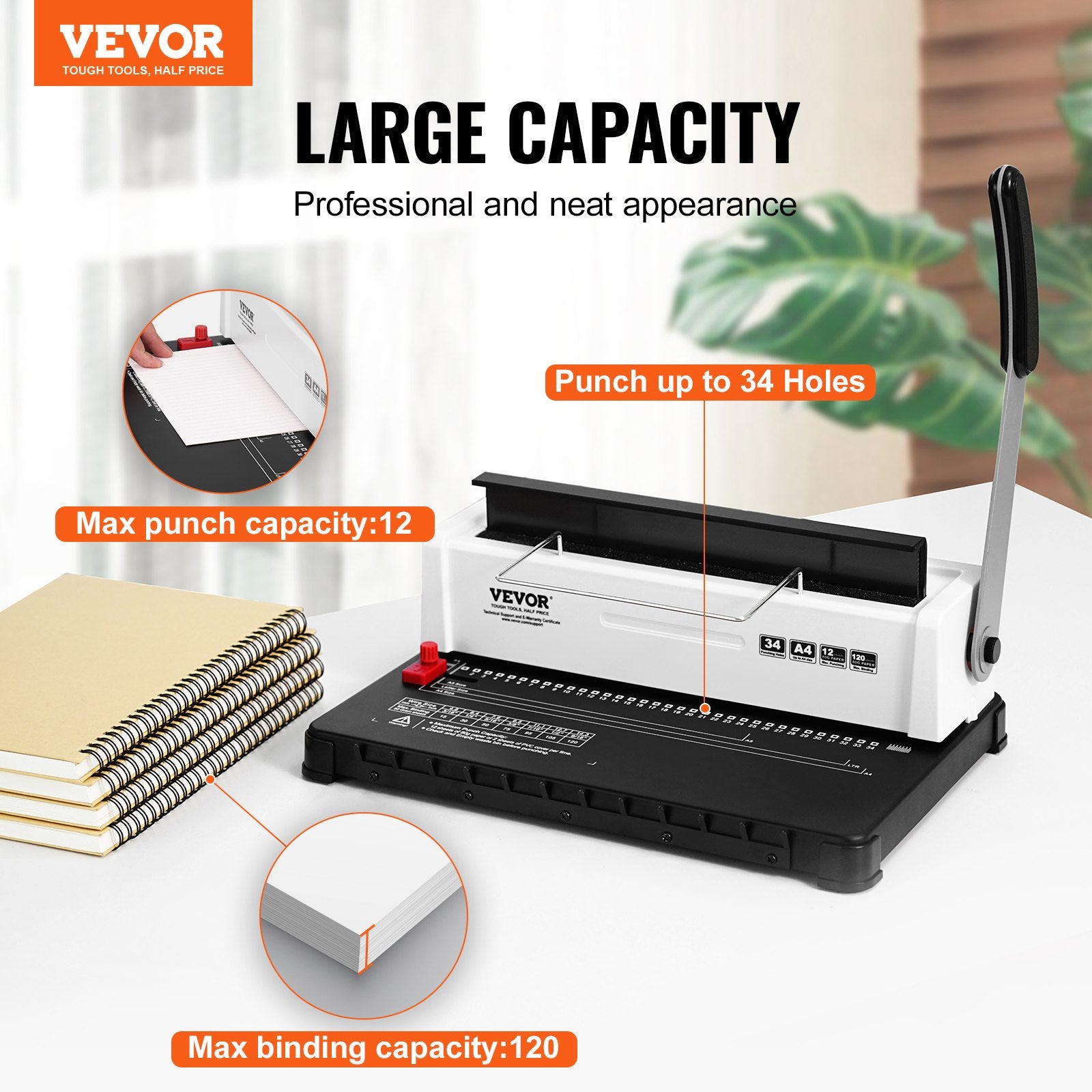 Hand Tools: VEVOR Coil Spiral Binding Machine, Manual Book Maker 34-Holes Binding 120 Sheets, Punch Binder with Adjustable Side Margin, for Letter Size, A4, A5