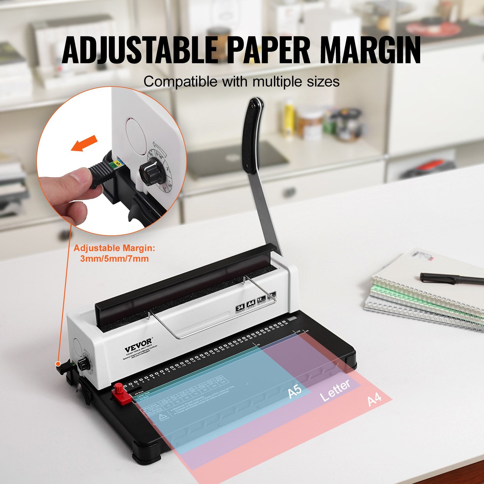 Hand Tools: VEVOR Coil Spiral Binding Machine, Manual Book Maker 34-Holes Binding 120 Sheets, Punch Binder with Adjustable Side Margin, for Letter Size, A4, A5