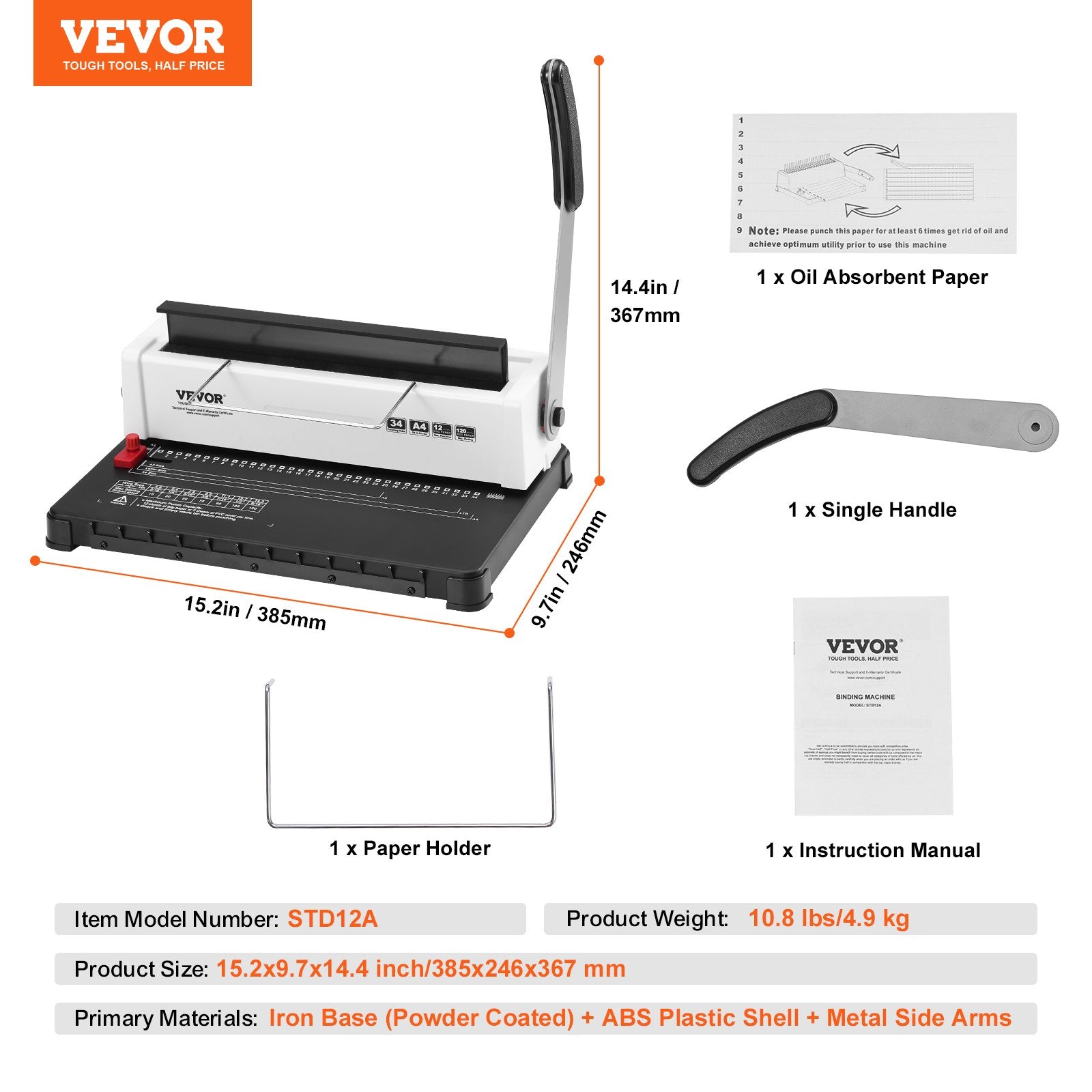 Hand Tools: VEVOR Coil Spiral Binding Machine, Manual Book Maker 34-Holes Binding 120 Sheets, Punch Binder with Adjustable Side Margin, for Letter Size, A4, A5