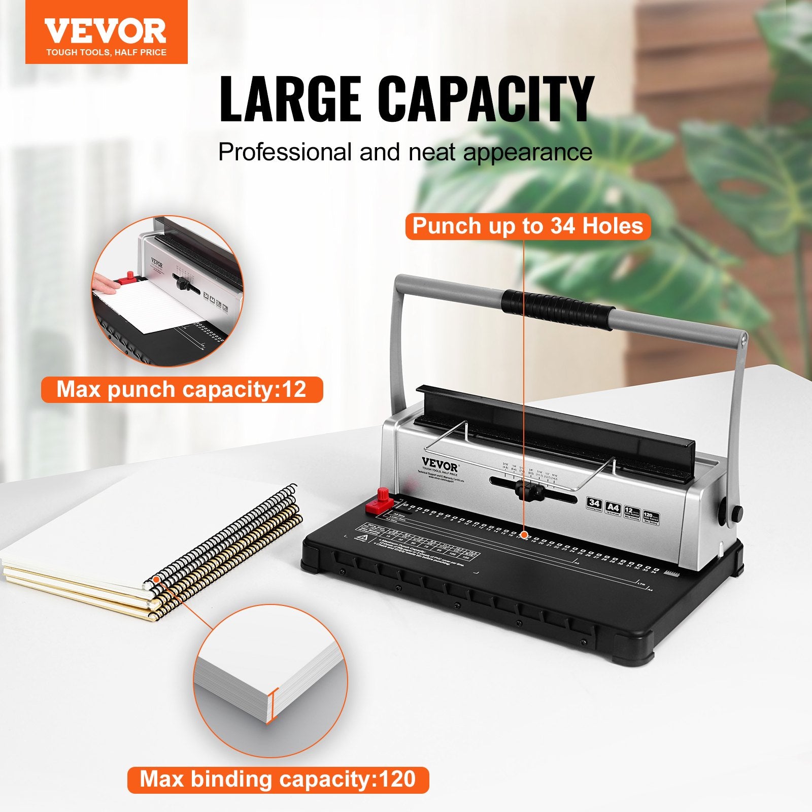 Hand Tools: VEVOR Coil Spiral Binding Machine, Manual Book Maker 34-Holes Binding 120 Sheets, Punch Binder with Adjustable 3/16" - 9/16" Coil Binding Spines and Side Margin, for Letter Size, A4, A5