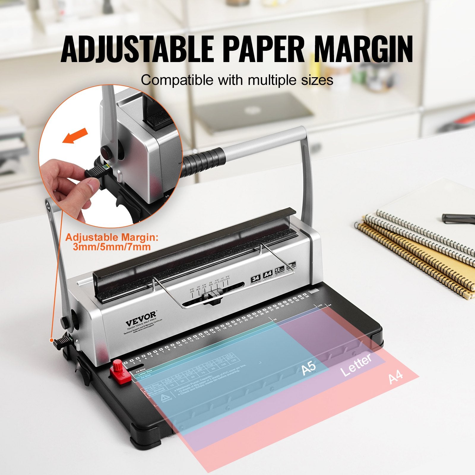 Hand Tools: VEVOR Coil Spiral Binding Machine, Manual Book Maker 34-Holes Binding 120 Sheets, Punch Binder with Adjustable 3/16" - 9/16" Coil Binding Spines and Side Margin, for Letter Size, A4, A5