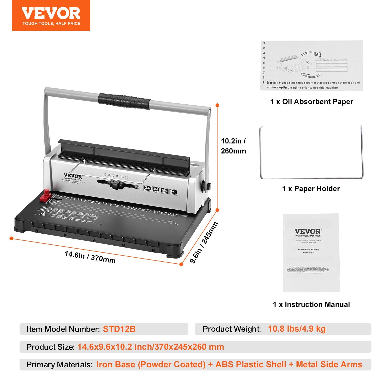 Hand Tools: VEVOR Coil Spiral Binding Machine, Manual Book Maker 34-Holes Binding 120 Sheets, Punch Binder with Adjustable 3/16" - 9/16" Coil Binding Spines and Side Margin, for Letter Size, A4, A5