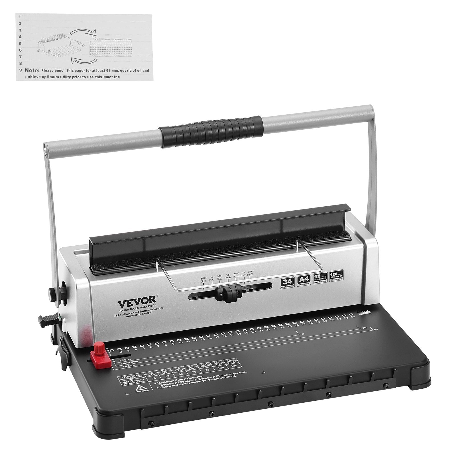 Hand Tools: VEVOR Coil Spiral Binding Machine, Manual Book Maker 34-Holes Binding 120 Sheets, Punch Binder with Adjustable 3/16" - 9/16" Coil Binding Spines and Side Margin, for Letter Size, A4, A5