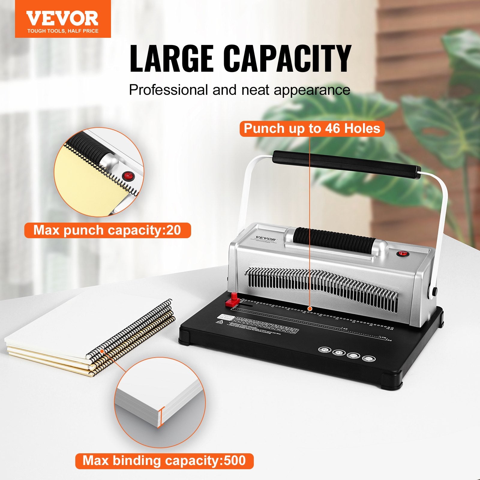 Hand Tools: VEVOR Coil Spiral Binding Machine, Manual Book Maker with Electric Binding, 46-Holes Binding 500 Sheets Punch Binder, with 100pcs 5/16'' Coil Binding Spines, for Letter Size, A4, A5