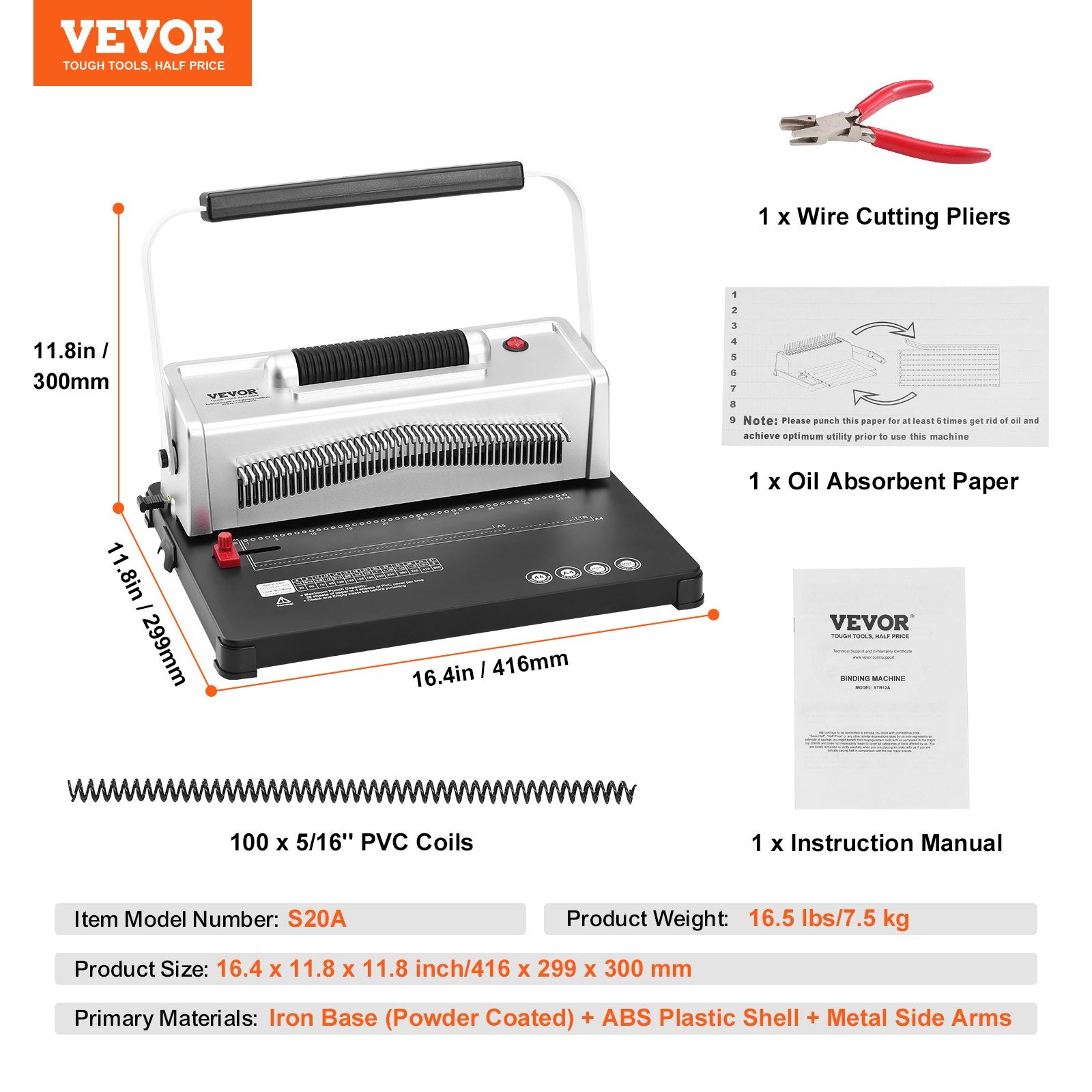 Hand Tools: VEVOR Coil Spiral Binding Machine, Manual Book Maker with Electric Binding, 46-Holes Binding 500 Sheets Punch Binder, with 100pcs 5/16'' Coil Binding Spines, for Letter Size, A4, A5