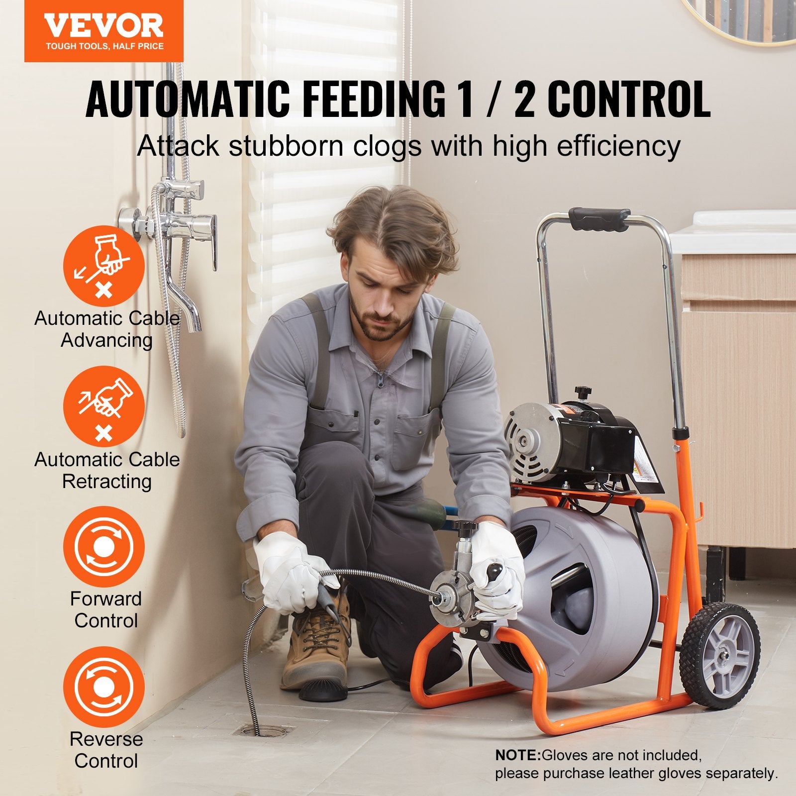 Drain Cleaner Machine 75FT x 3/8 Inch Auto Feed with Wheels & 8 Cutters