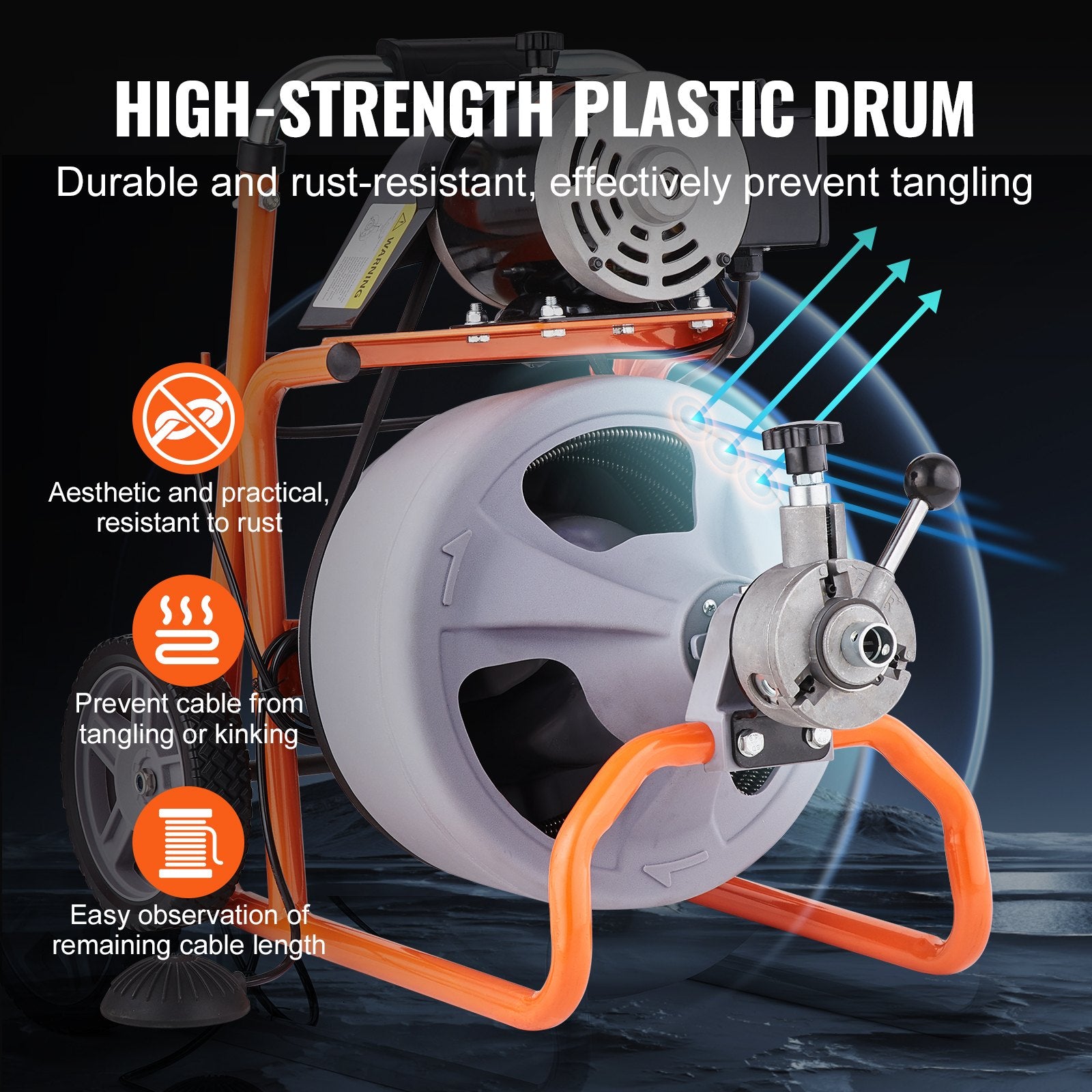 Drain Cleaner Machine 75FT x 3/8 Inch Auto Feed with Wheels & 8 Cutters
