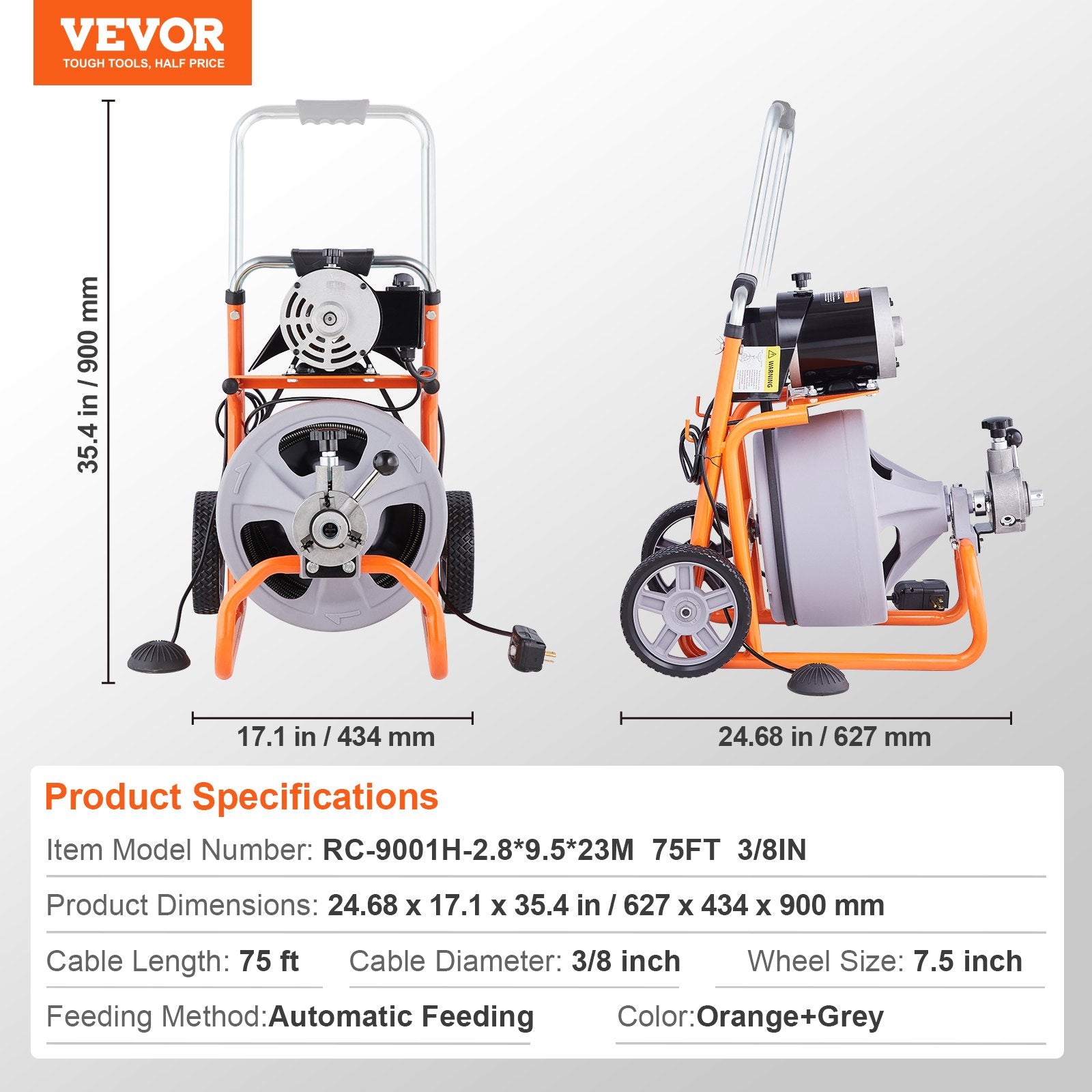 Drain Cleaner Machine 75FT x 3/8 Inch Auto Feed with Wheels & 8 Cutters