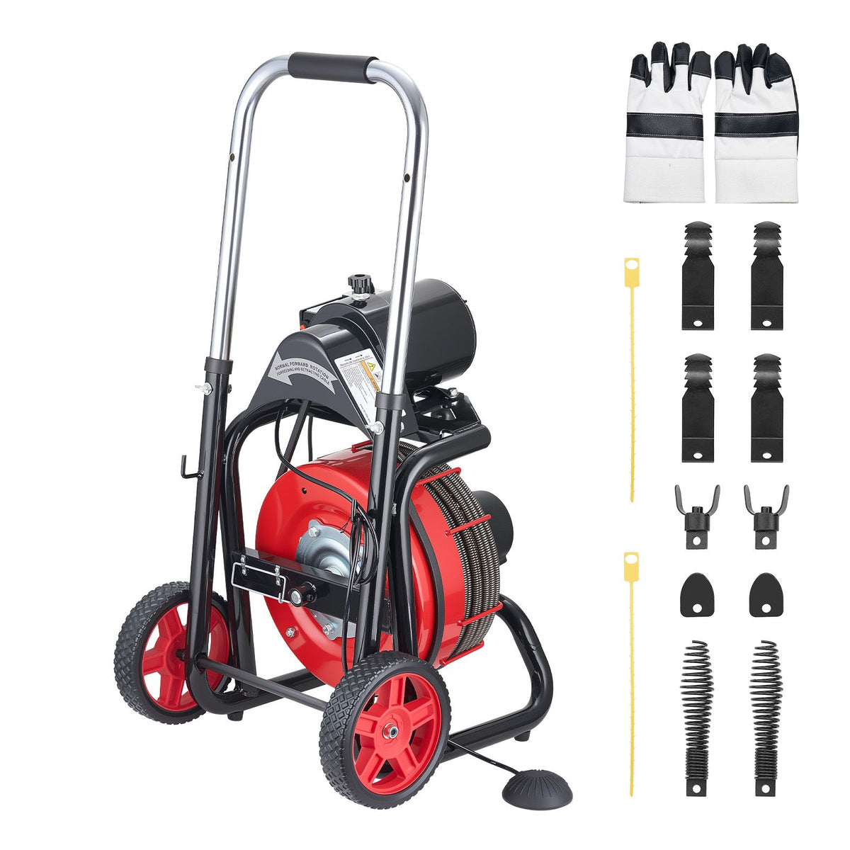 Drain Cleaner Machine 30m x 10.5mm, Auto Feed Sewer Snake Auger on Wheels - with 8 Cutters & Air-Activated Foot Switch for 50mm to 100mm Pipes