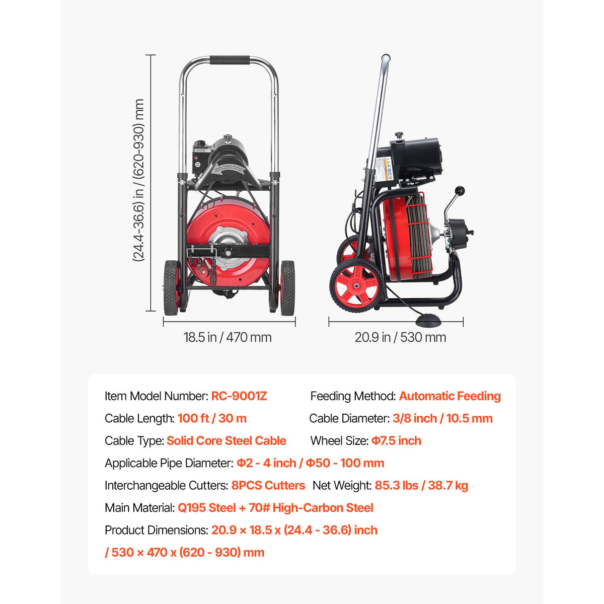 Drain Cleaner Machine 30m x 10.5mm, Auto Feed Sewer Snake Auger on Wheels - with 8 Cutters & Air-Activated Foot Switch for 50mm to 100mm Pipes