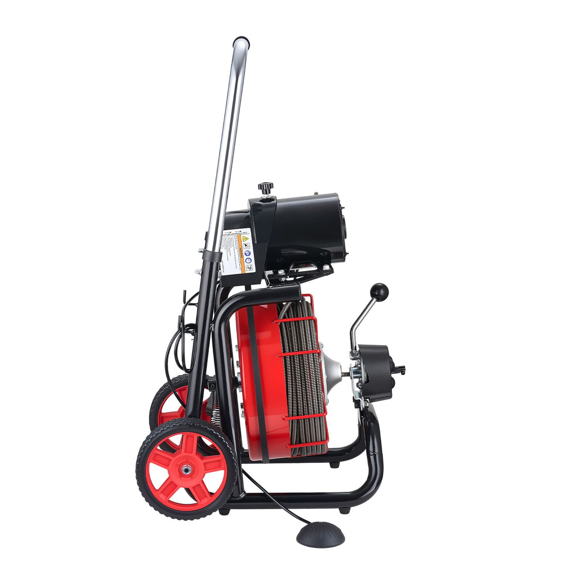 Drain Cleaner Machine 30m x 10.5mm, Auto Feed Sewer Snake Auger on Wheels - with 8 Cutters & Air-Activated Foot Switch for 50mm to 100mm Pipes