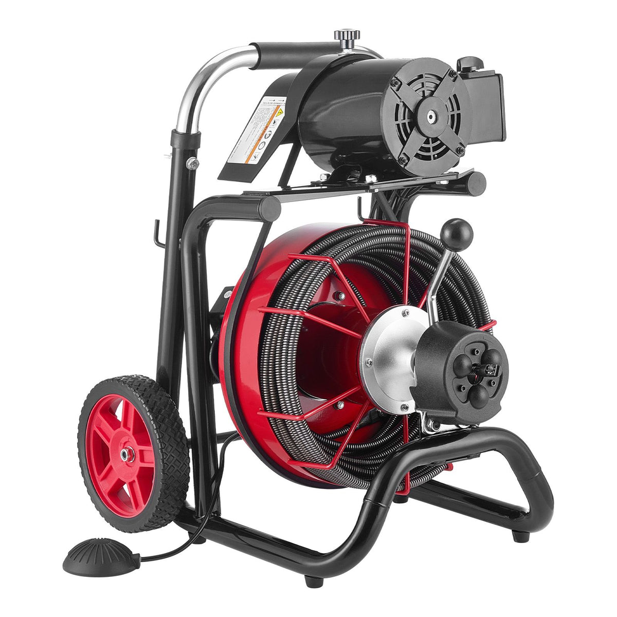 Drain Cleaner Machine 30m x 10.5mm, Auto Feed Sewer Snake Auger on Wheels - with 8 Cutters & Air-Activated Foot Switch for 50mm to 100mm Pipes