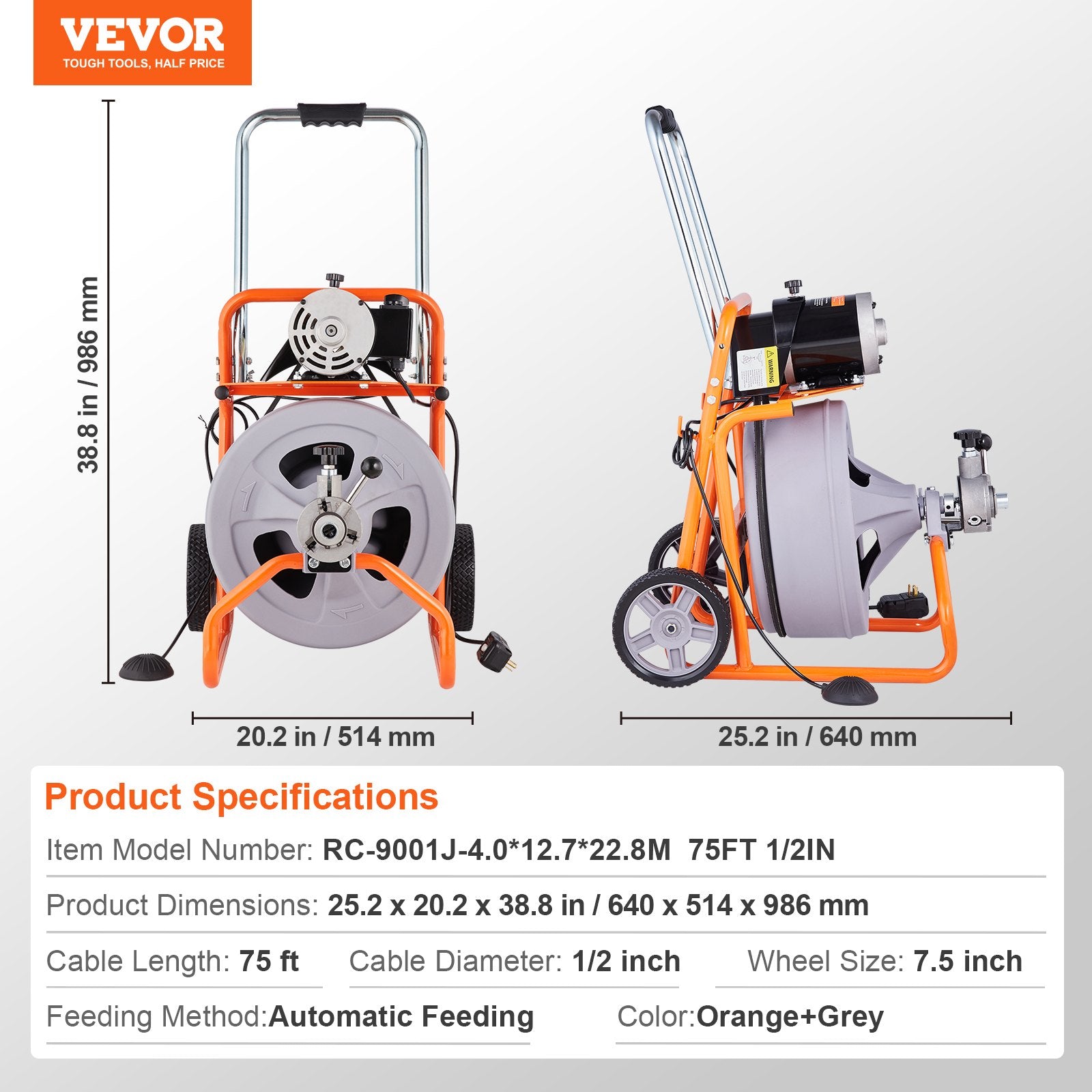 Gardening Tools: VEVOR Drain Cleaner Machine 75FT x 1/2 Inch Auto Feed with Wheels & 8 Cutters