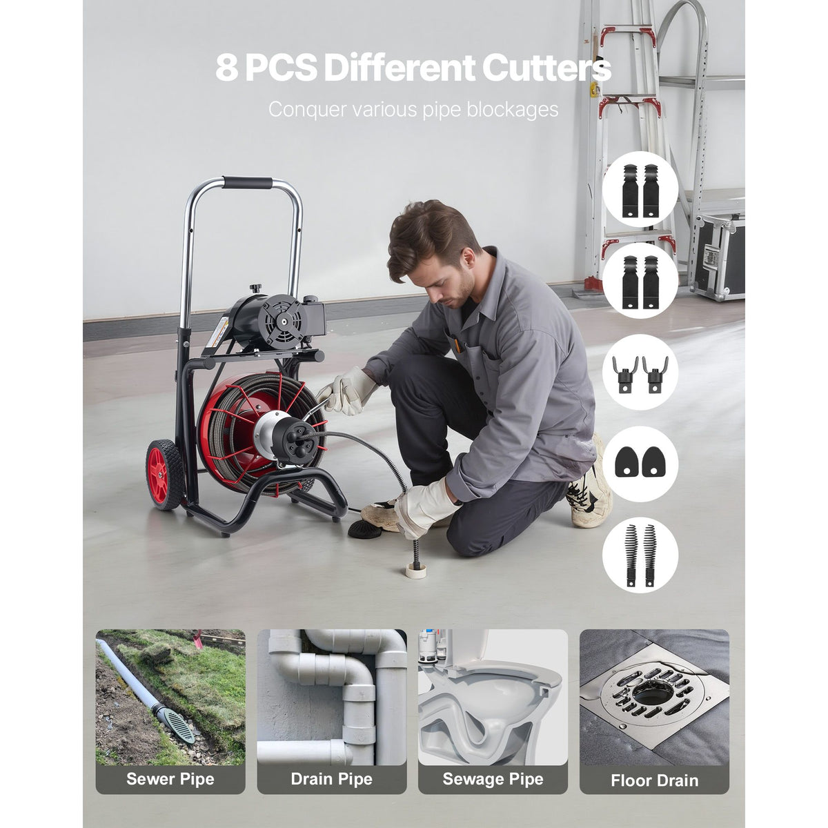 Drain Cleaner Machine 30m x 13mm, Auto Feed Sewer Snake Auger on Wheels - with 8 Cutters & Air-Activated Foot Switch for 50mm to 150mm Pipes