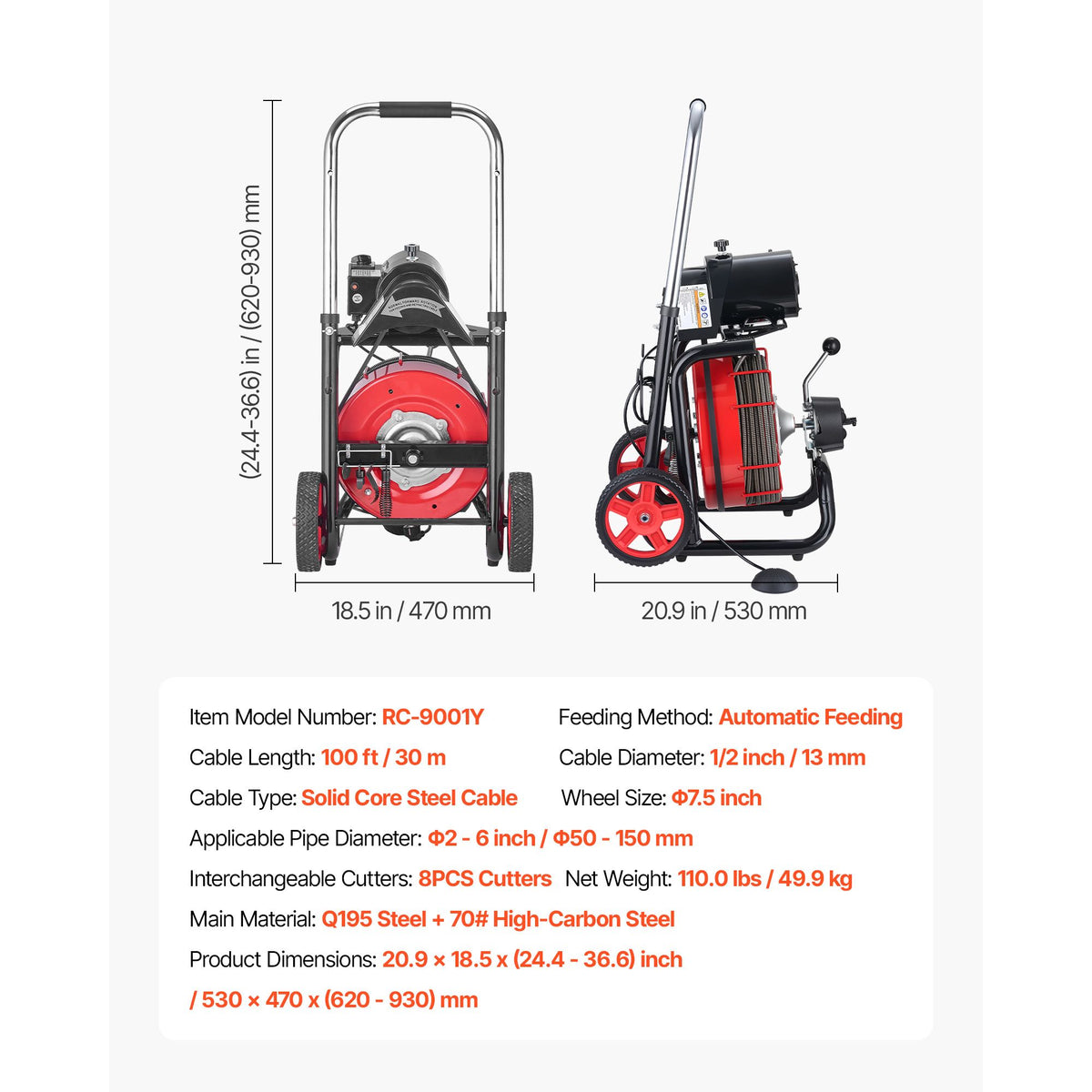 Drain Cleaner Machine 30m x 13mm, Auto Feed Sewer Snake Auger on Wheels - with 8 Cutters & Air-Activated Foot Switch for 50mm to 150mm Pipes