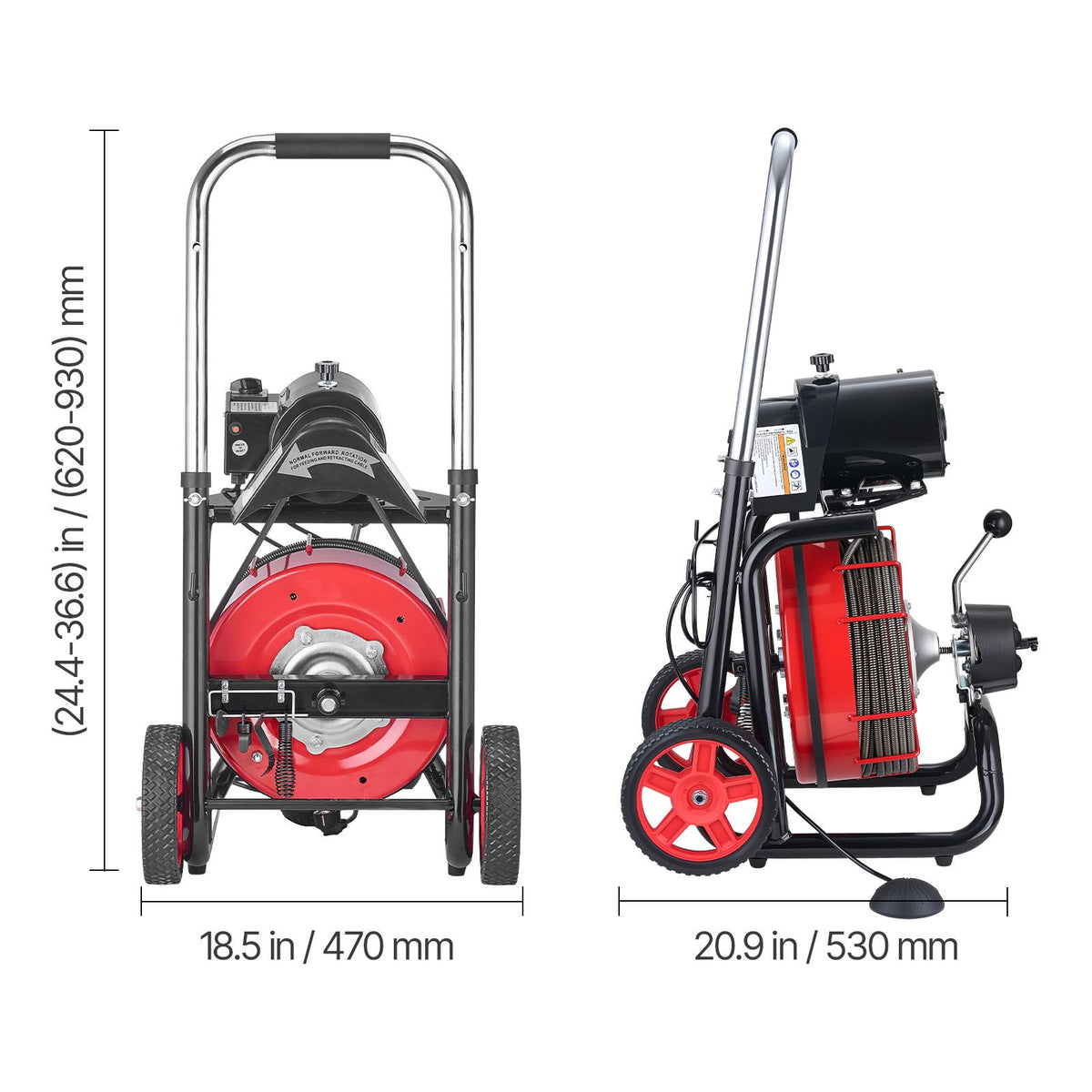 Drain Cleaner Machine 30m x 13mm, Auto Feed Sewer Snake Auger on Wheels - with 8 Cutters & Air-Activated Foot Switch for 50mm to 150mm Pipes