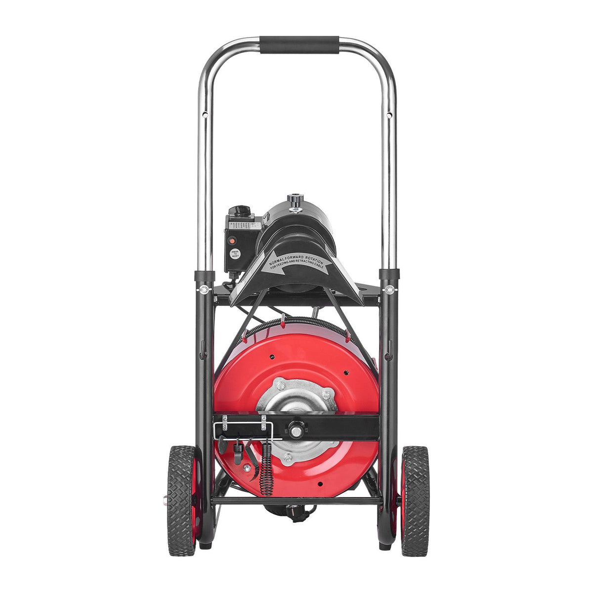 Drain Cleaner Machine 30m x 13mm, Auto Feed Sewer Snake Auger on Wheels - with 8 Cutters & Air-Activated Foot Switch for 50mm to 150mm Pipes