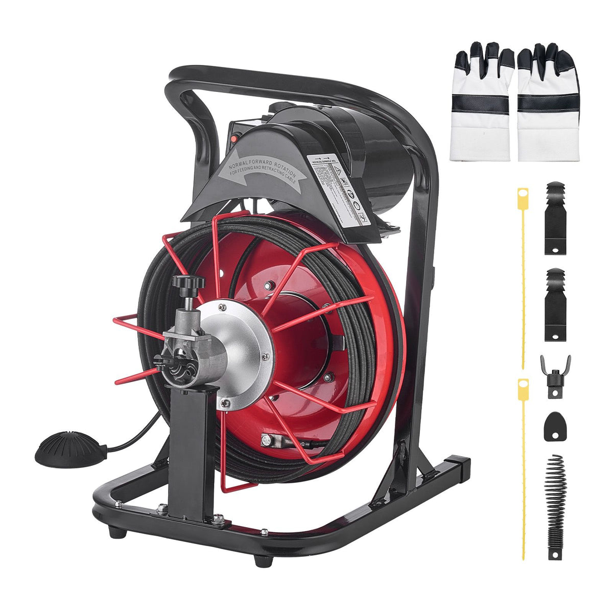 Drain Cleaner Machine 15m x 8mm, Auto Feed Sewer Snake Auger with 4 Cutters & Air-activated Foot Switch for 50mm to 100mm Pipes
