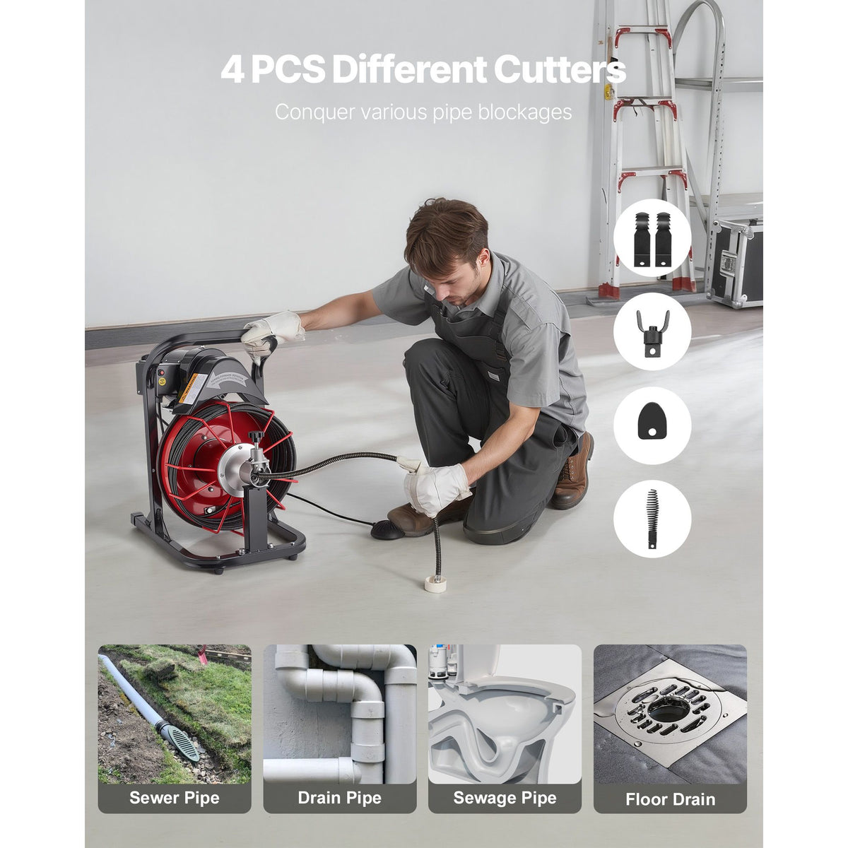 Drain Cleaner Machine 15m x 8mm, Auto Feed Sewer Snake Auger with 4 Cutters & Air-activated Foot Switch for 50mm to 100mm Pipes