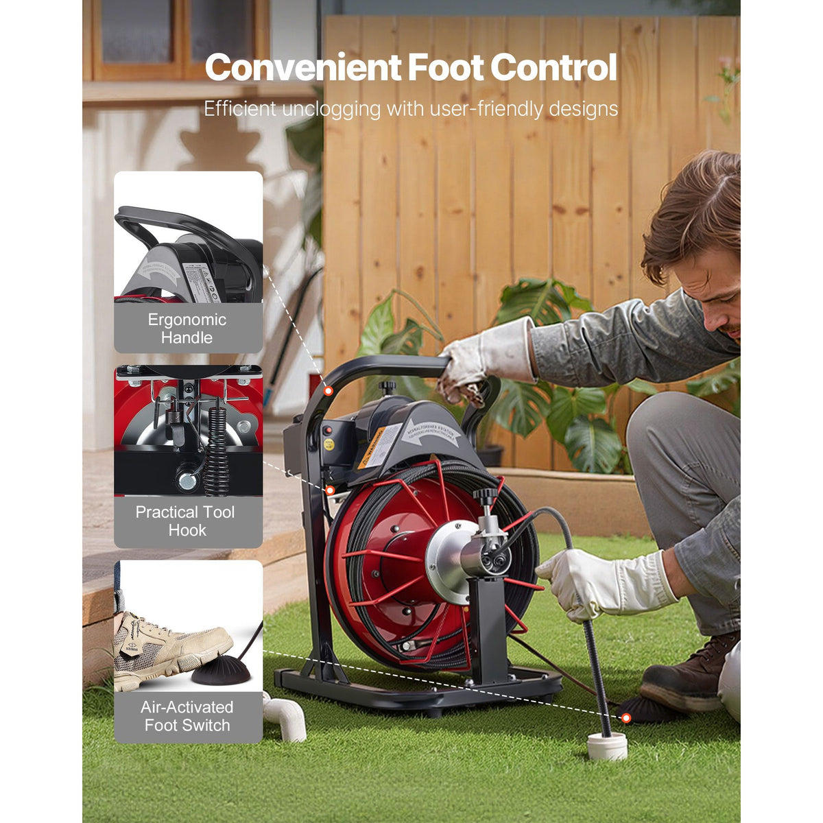 Drain Cleaner Machine 15m x 8mm, Auto Feed Sewer Snake Auger with 4 Cutters & Air-activated Foot Switch for 50mm to 100mm Pipes