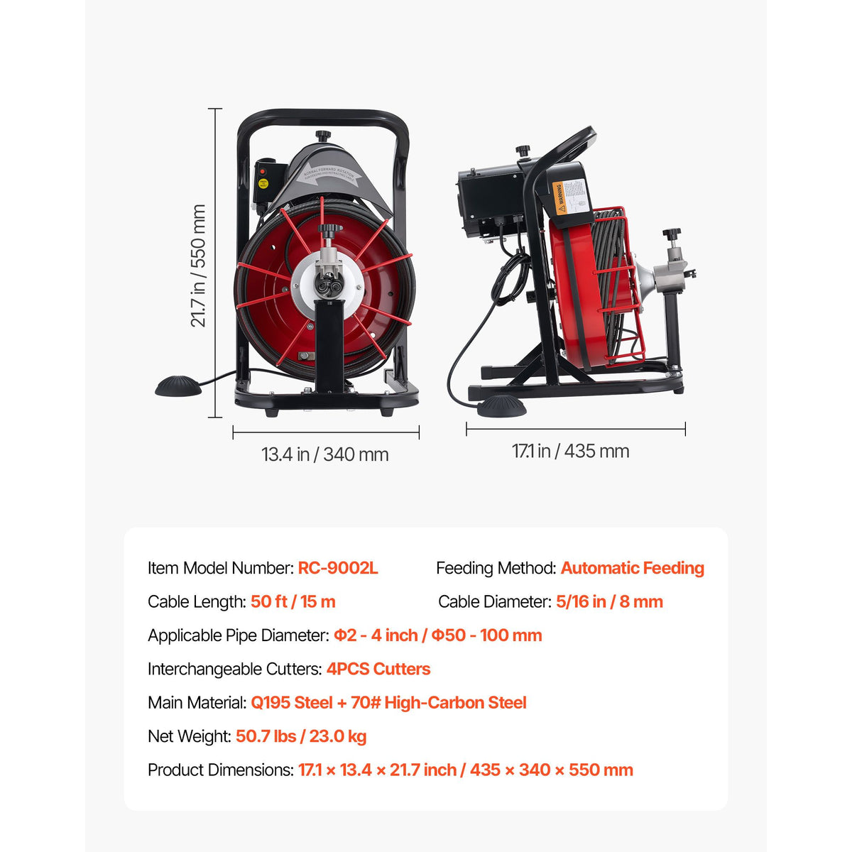 Drain Cleaner Machine 15m x 8mm, Auto Feed Sewer Snake Auger with 4 Cutters & Air-activated Foot Switch for 50mm to 100mm Pipes