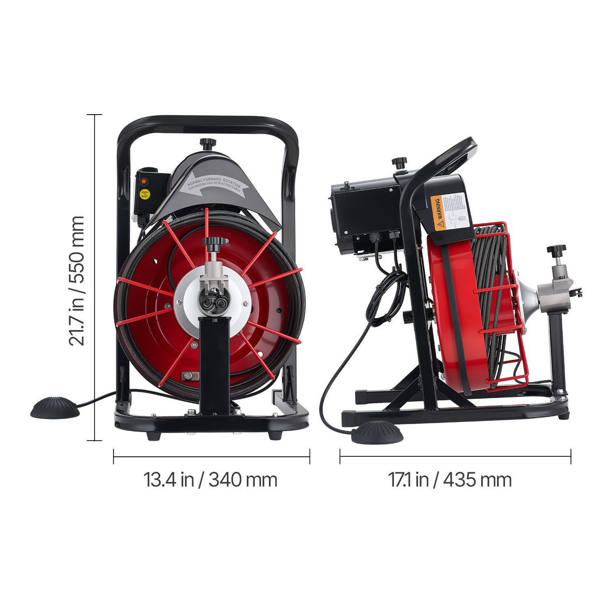 Drain Cleaner Machine 15m x 8mm, Auto Feed Sewer Snake Auger with 4 Cutters & Air-activated Foot Switch for 50mm to 100mm Pipes