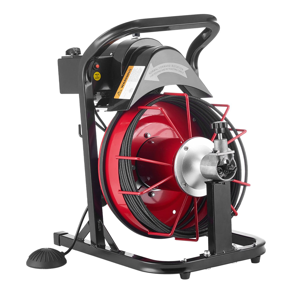 Drain Cleaner Machine 15m x 8mm, Auto Feed Sewer Snake Auger with 4 Cutters & Air-activated Foot Switch for 50mm to 100mm Pipes