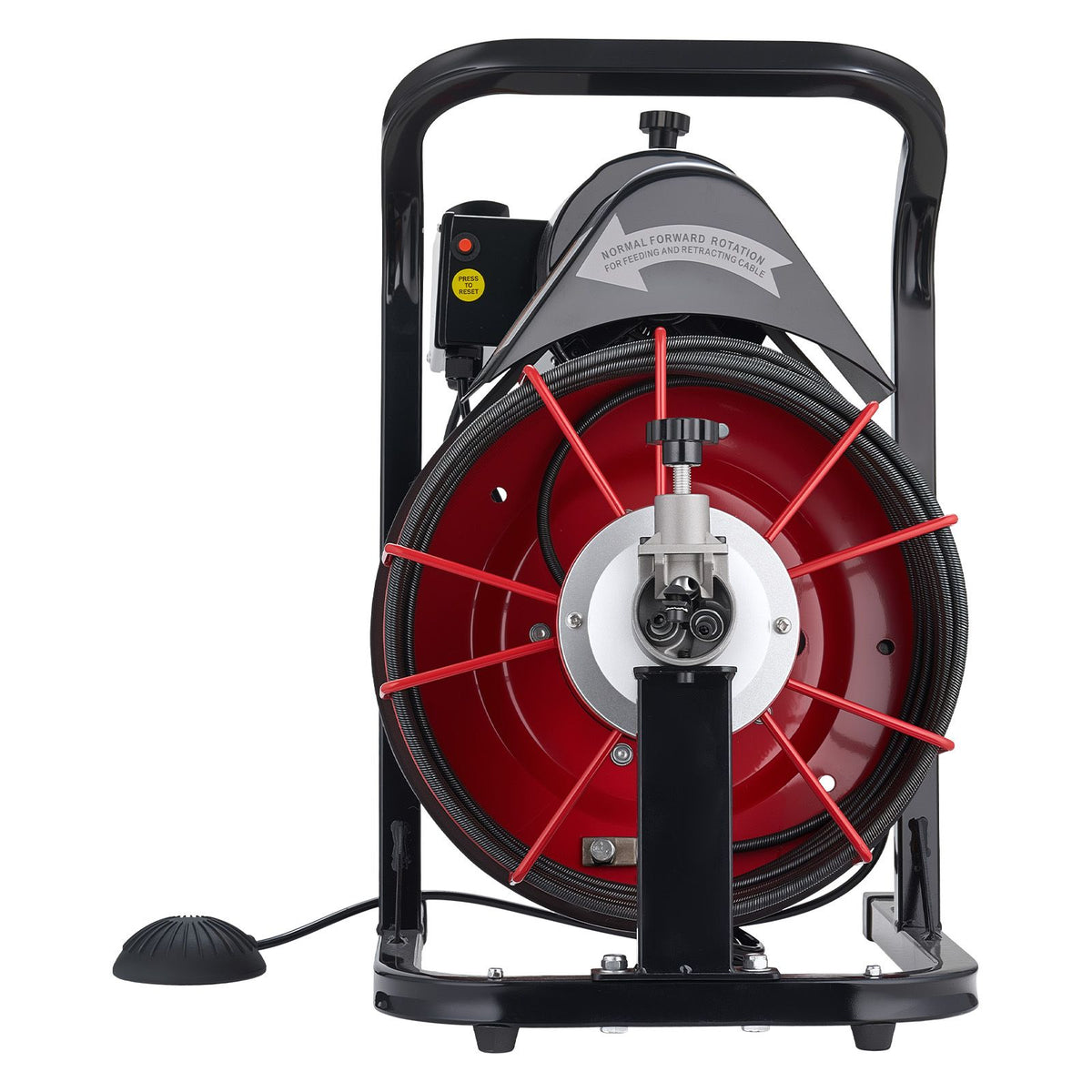 Drain Cleaner Machine 15m x 8mm, Auto Feed Sewer Snake Auger with 4 Cutters & Air-activated Foot Switch for 50mm to 100mm Pipes