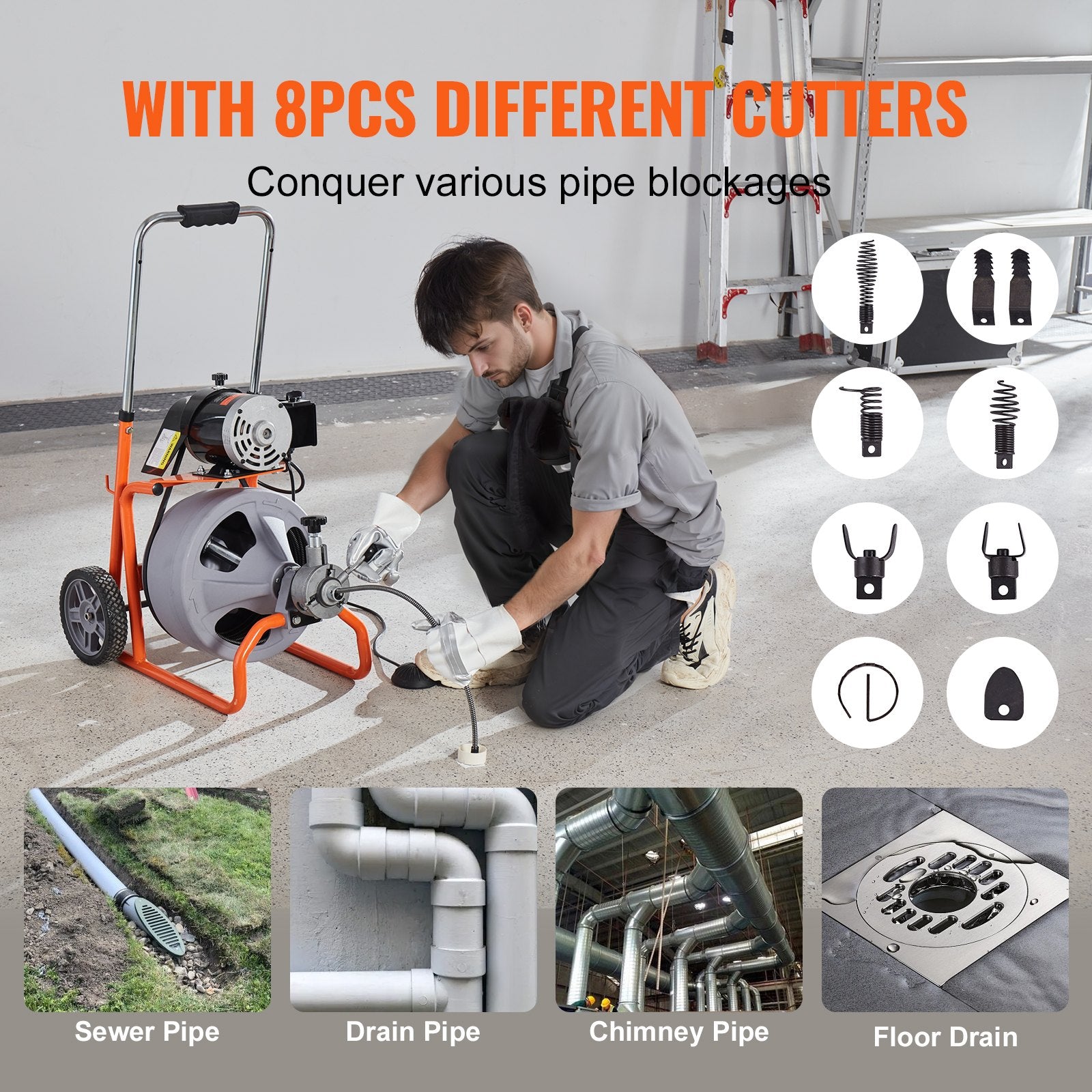 Gardening Tools: VEVOR Drain Cleaner Machine 100FT x 3/8 Inch, Auto Feed Sewer Snake Drain Auger on Wheels, Portable Drain Cleaning Machine with 8 Cutters & Air-activated Foot Switch for 2" to 4" Pipes