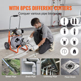 Gardening Tools: VEVOR Drain Cleaner Machine 100FT x 3/8 Inch, Auto Feed Sewer Snake Drain Auger on Wheels, Portable Drain Cleaning Machine with 8 Cutters & Air-activated Foot Switch for 2" to 4" Pipes