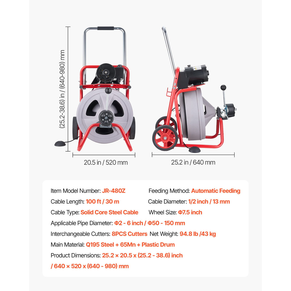 Drain Cleaner Machine 30m x 13mm, Auto Feed Sewer Snake Drain Auger on Wheels, Portable Drain Cleaning Machine with 8 Cutters & Air-Activated Foot Switch for 50mm to 150mm Pipes