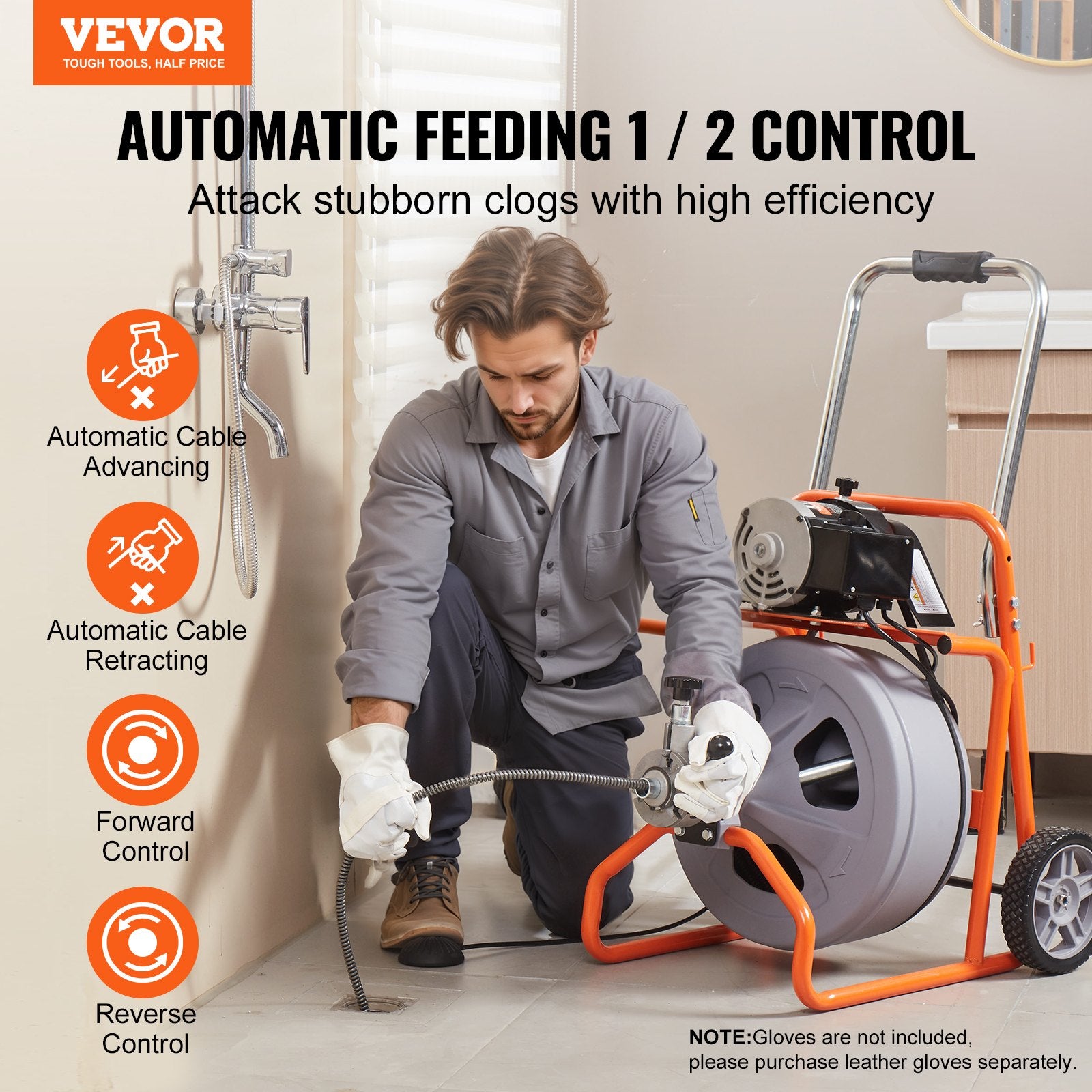 Gardening Tools: VEVOR Drain Cleaner Machine 100FT x 1/2 Inch, Auto Feed Sewer Snake Drain Auger on Wheels, Portable Drain Cleaning Machine with 8 Cutters & Air-activated Foot Switch for 2" to 4" Pipes