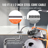 Gardening Tools: VEVOR Drain Cleaner Machine 100FT x 1/2 Inch, Auto Feed Sewer Snake Drain Auger on Wheels, Portable Drain Cleaning Machine with 8 Cutters & Air-activated Foot Switch for 2" to 4" Pipes