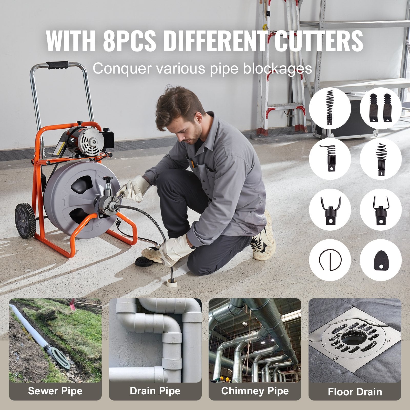 Gardening Tools: VEVOR Drain Cleaner Machine 100FT x 1/2 Inch, Auto Feed Sewer Snake Drain Auger on Wheels, Portable Drain Cleaning Machine with 8 Cutters & Air-activated Foot Switch for 2" to 4" Pipes