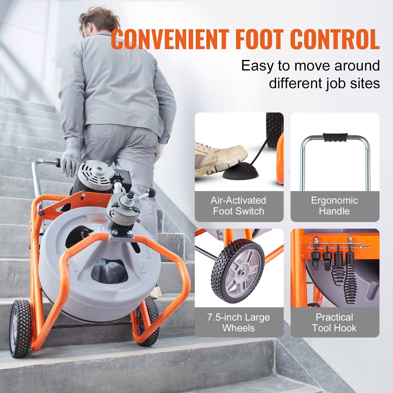 Gardening Tools: VEVOR Drain Cleaner Machine 100FT x 1/2 Inch, Auto Feed Sewer Snake Drain Auger on Wheels, Portable Drain Cleaning Machine with 8 Cutters & Air-activated Foot Switch for 2" to 4" Pipes