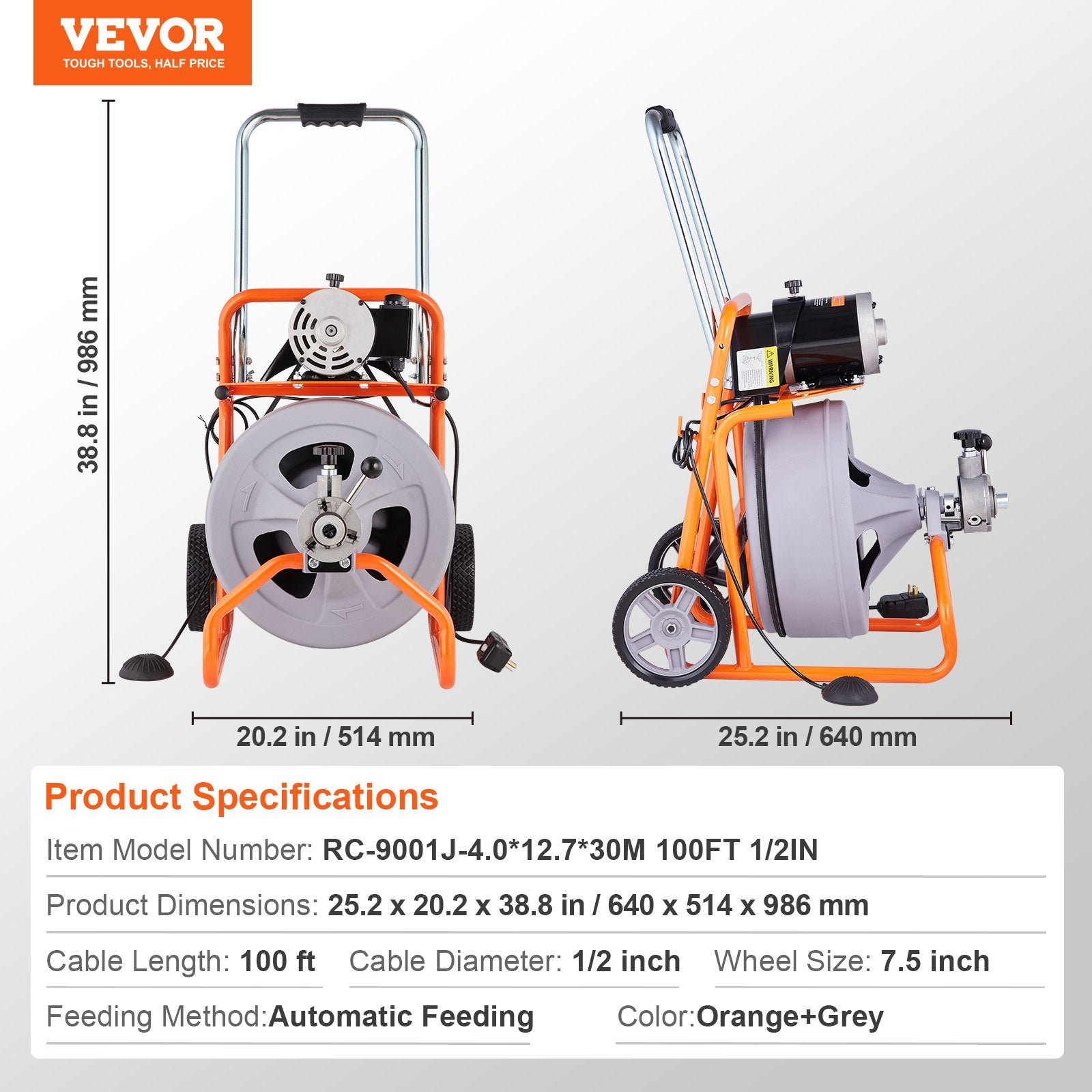 Gardening Tools: VEVOR Drain Cleaner Machine 100FT x 1/2 Inch, Auto Feed Sewer Snake Drain Auger on Wheels, Portable Drain Cleaning Machine with 8 Cutters & Air-activated Foot Switch for 2" to 4" Pipes