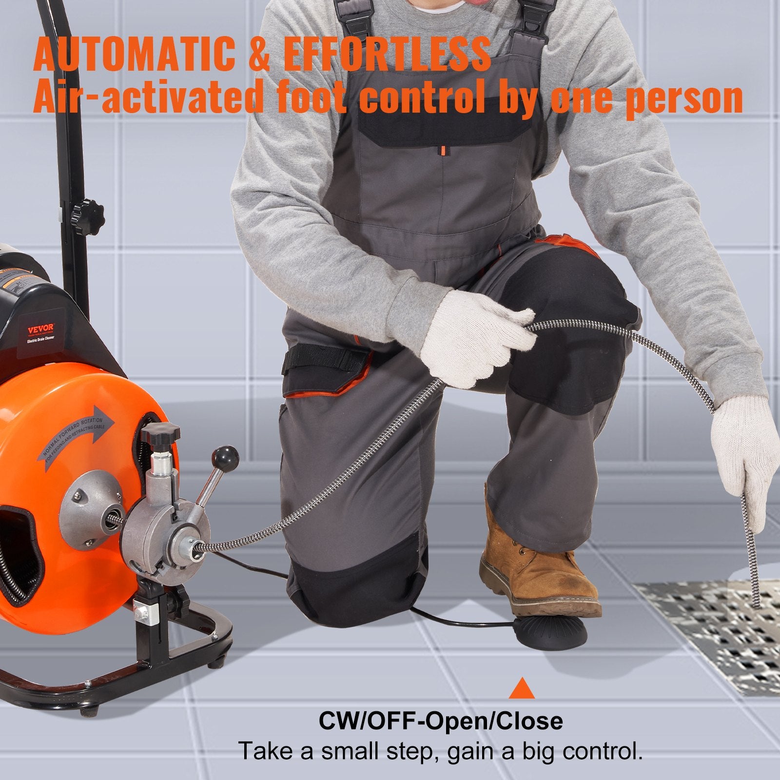 Sewage Pumps: VEVOR 50FT x 3/8 Inch Drain Cleaner Machine Sewer Auger Auto Feed with 4 Cutter & Air-Activated Foot Switch for 2" to 4" Pipes