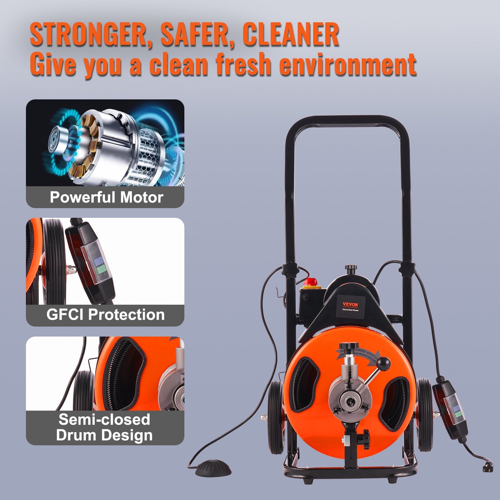 Sewage Pumps: VEVOR 50FT x 3/8 Inch Drain Cleaner Machine Sewer Auger Auto Feed with 4 Cutter & Air-Activated Foot Switch for 2" to 4" Pipes