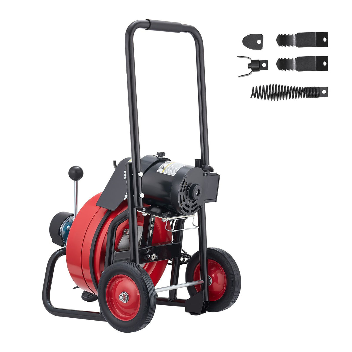 Drain Cleaner Machine 15m x 13mm, Auto Feed Sewer Snake Auger on Wheels, Portable Drain Cleaning Machine with 4 Cutters & Air-activated Foot Switch for 50mm to 150mm Pipes
