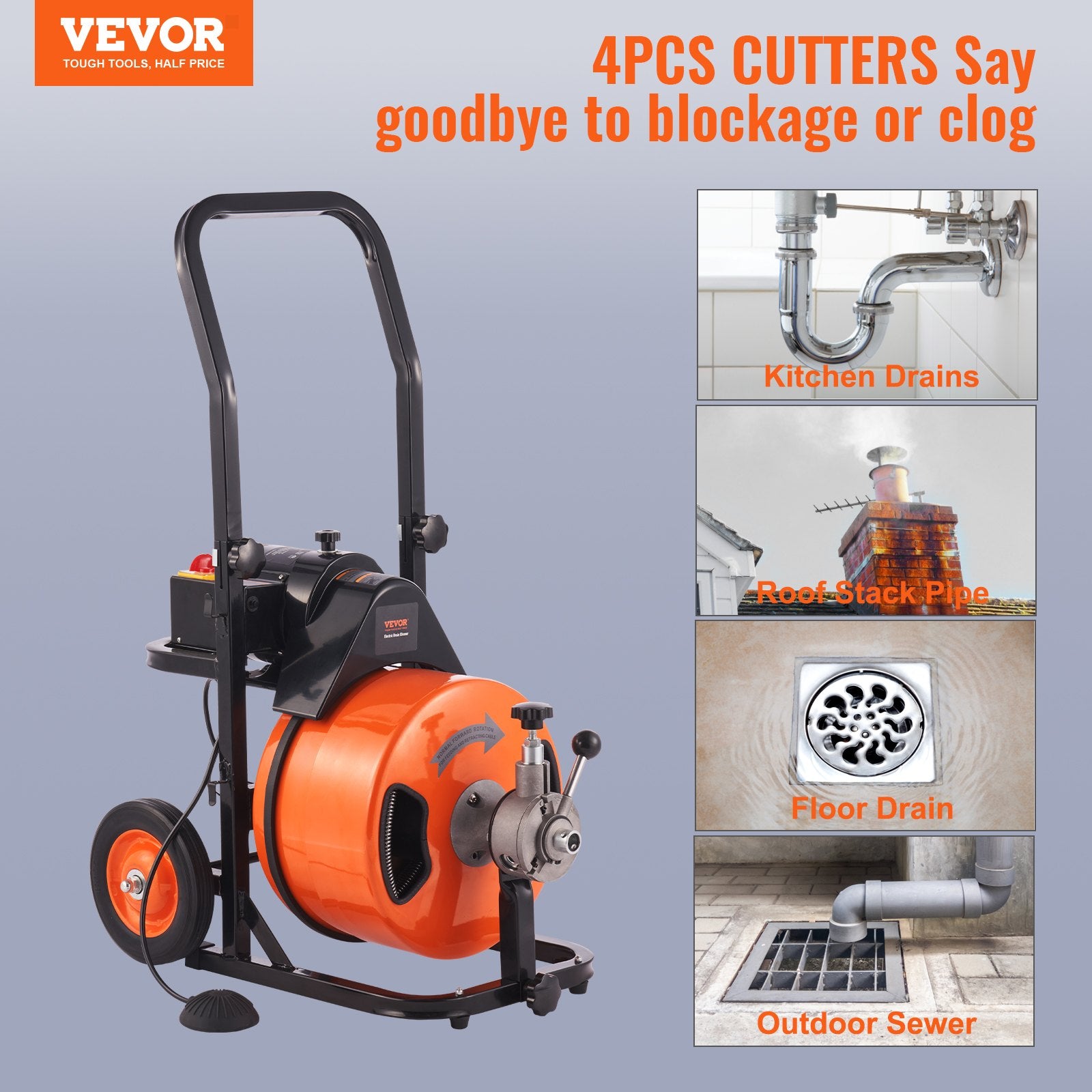Automotive Repair & Speciality Tools: VEVOR 100FT x 1/2Inch Drain Cleaner Machine Sewer Auger Auto Feed with 4 Cutter & Air-Activated Foot Switch for 2" to 4" Pipes
