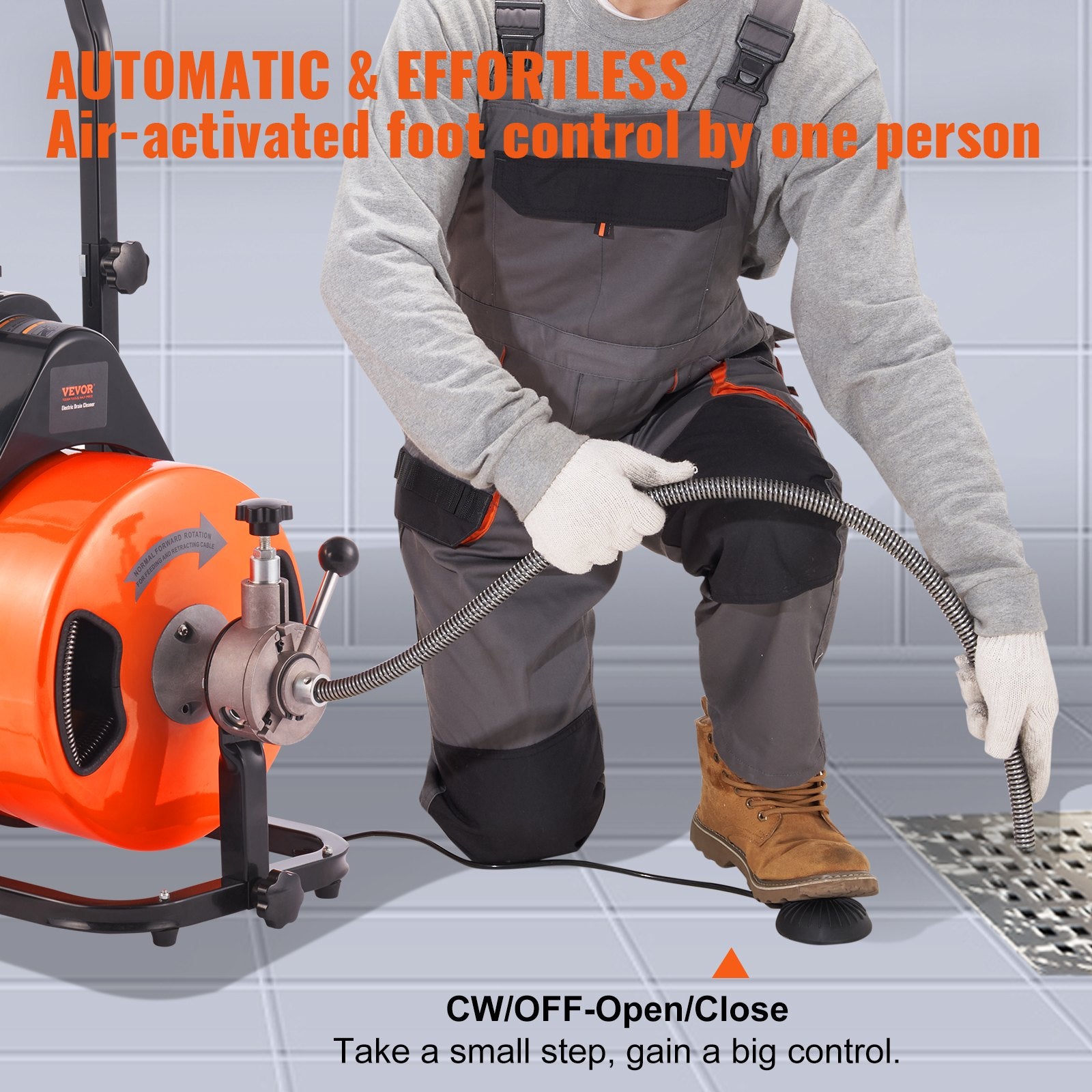 Automotive Repair & Speciality Tools: VEVOR 100FT x 1/2Inch Drain Cleaner Machine Sewer Auger Auto Feed with 4 Cutter & Air-Activated Foot Switch for 2" to 4" Pipes