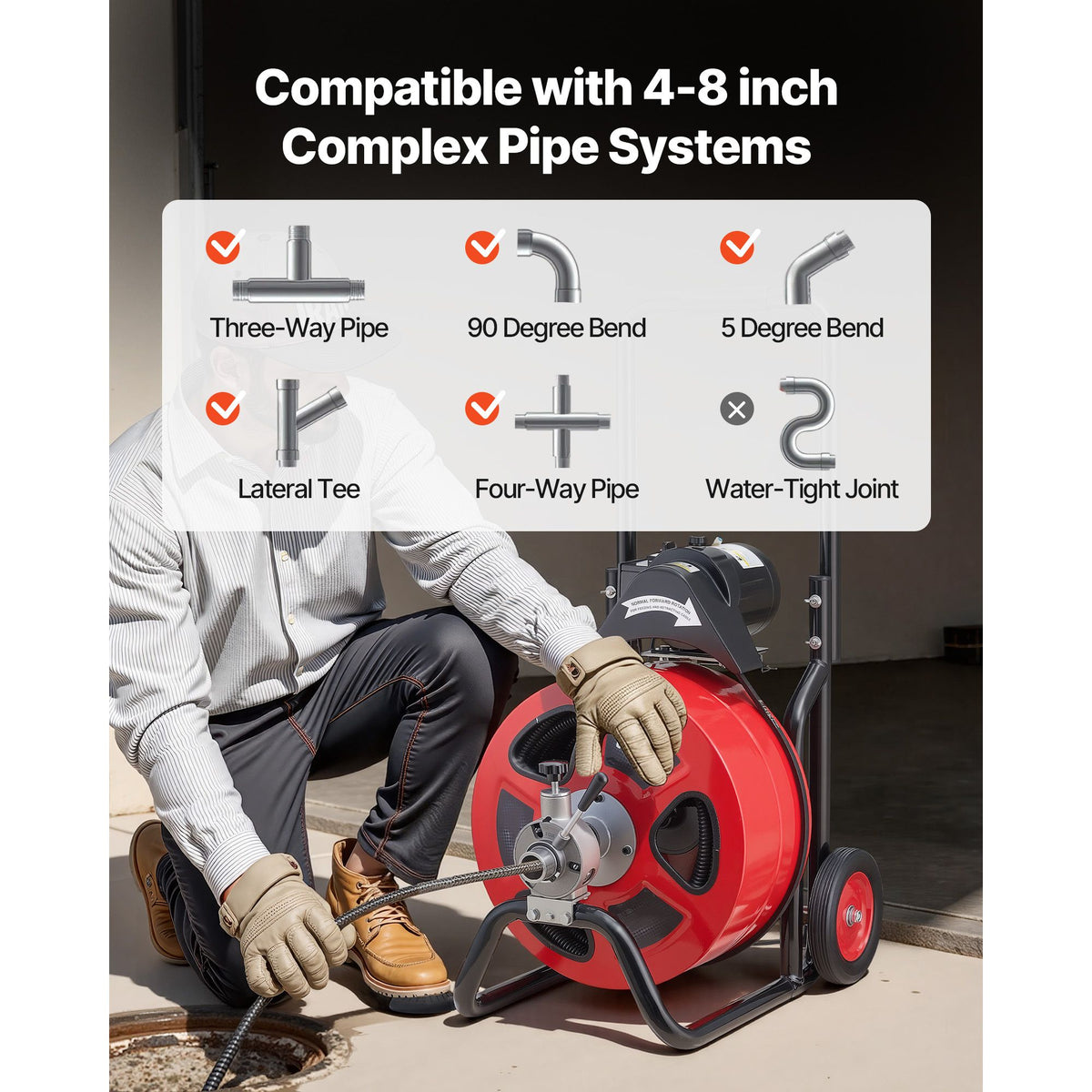 Drain Cleaner Machine 30m x 19mm, Auto Feed Sewer Snake Auger on Wheels, Portable Drain Cleaning Machine with 4 Cutters & Air-activated Foot Switch for 100mm to 200mm Pipes