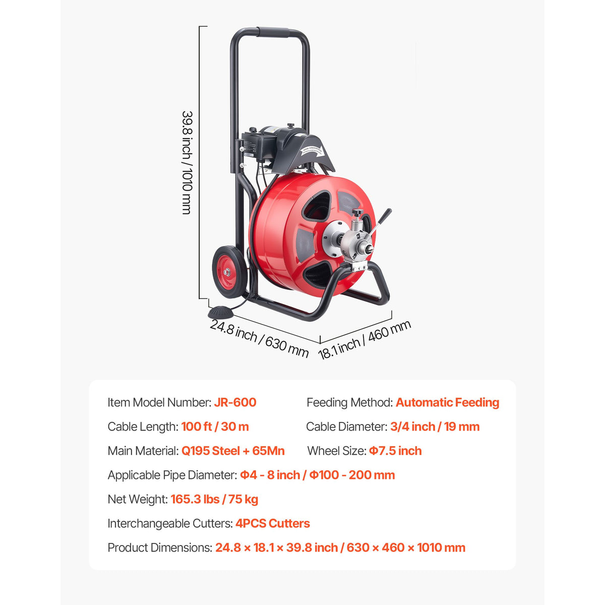 Drain Cleaner Machine 30m x 19mm, Auto Feed Sewer Snake Auger on Wheels, Portable Drain Cleaning Machine with 4 Cutters & Air-activated Foot Switch for 100mm to 200mm Pipes
