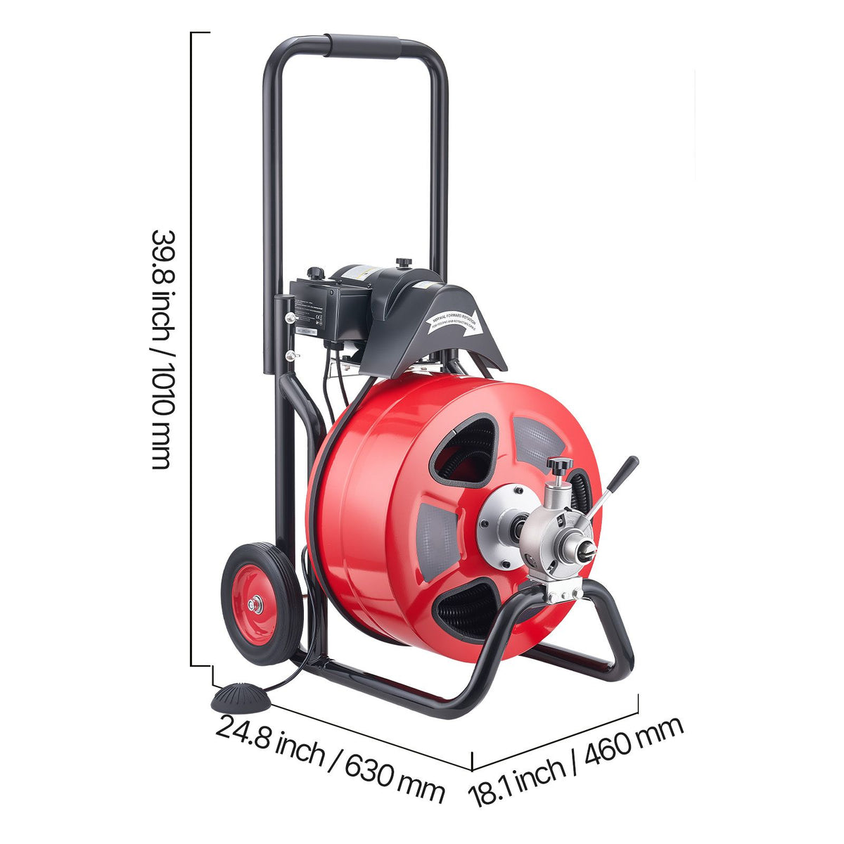 Drain Cleaner Machine 30m x 19mm, Auto Feed Sewer Snake Auger on Wheels, Portable Drain Cleaning Machine with 4 Cutters & Air-activated Foot Switch for 100mm to 200mm Pipes