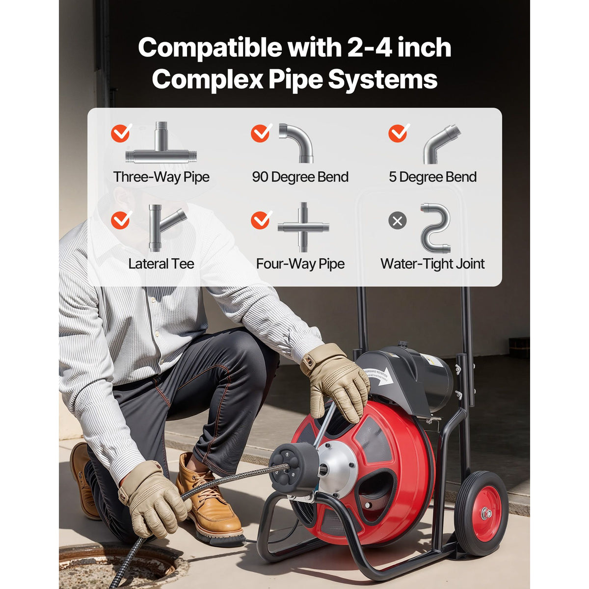 Drain Cleaner Machine 30m x 9.5mm, Auto Feed Sewer Snake Auger on Wheels, Portable Drain Cleaning Machine with 4 Cutters & Air-activated Foot Switch for 50mm to 100mm Pipes