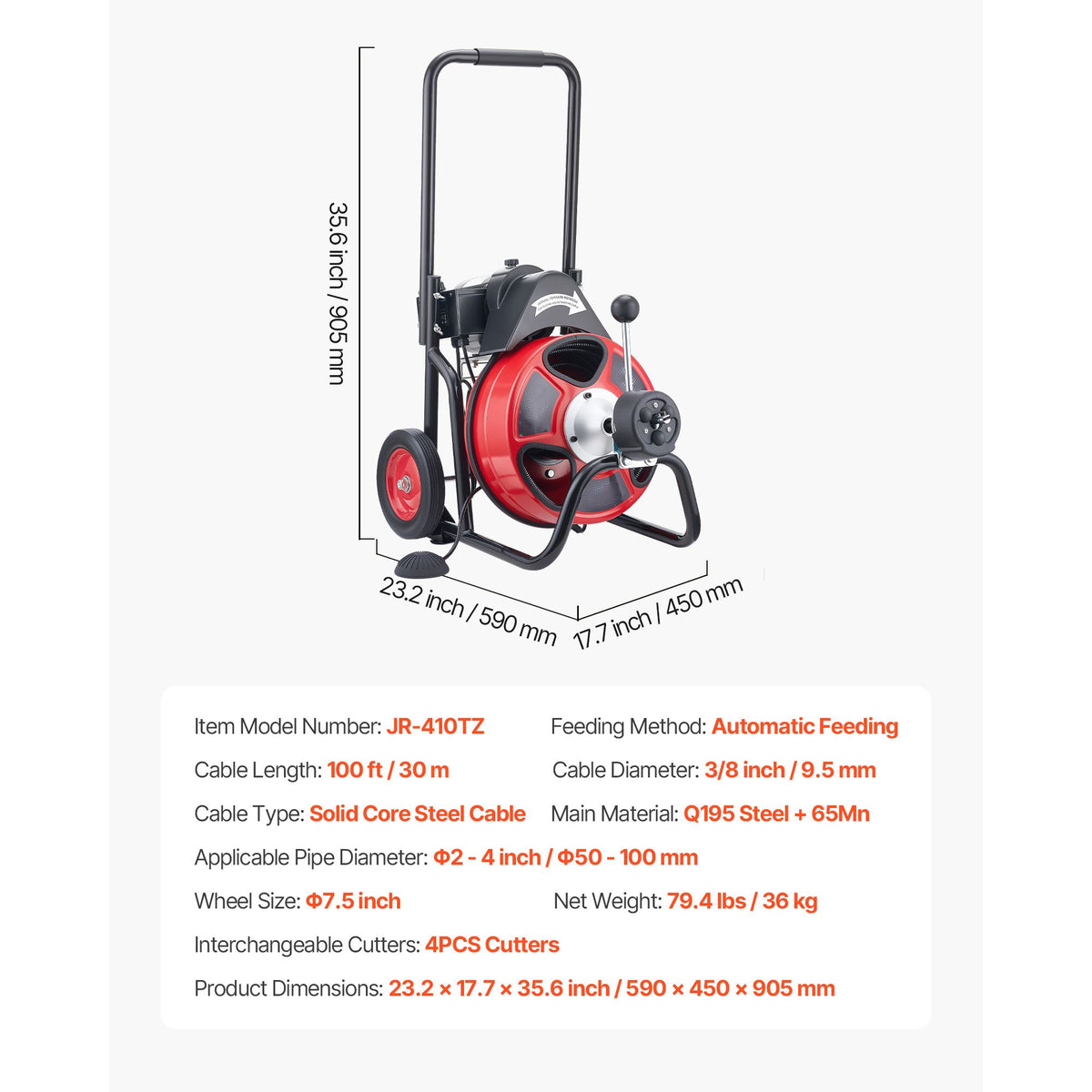 Drain Cleaner Machine 30m x 9.5mm, Auto Feed Sewer Snake Auger on Wheels, Portable Drain Cleaning Machine with 4 Cutters & Air-activated Foot Switch for 50mm to 100mm Pipes