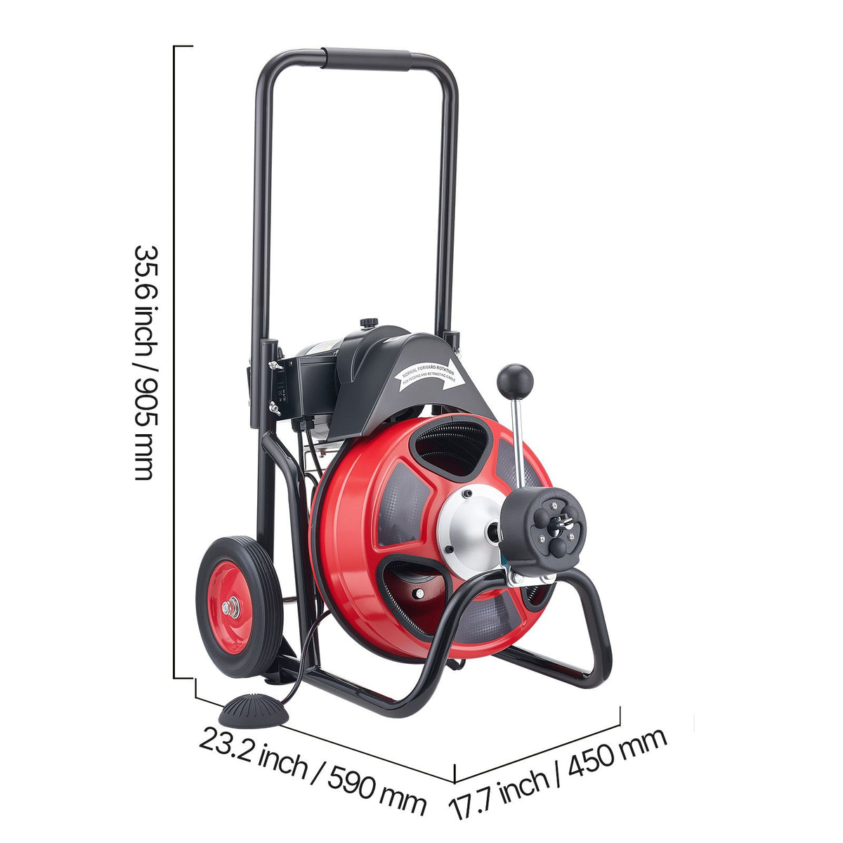 Drain Cleaner Machine 30m x 9.5mm, Auto Feed Sewer Snake Auger on Wheels, Portable Drain Cleaning Machine with 4 Cutters & Air-activated Foot Switch for 50mm to 100mm Pipes