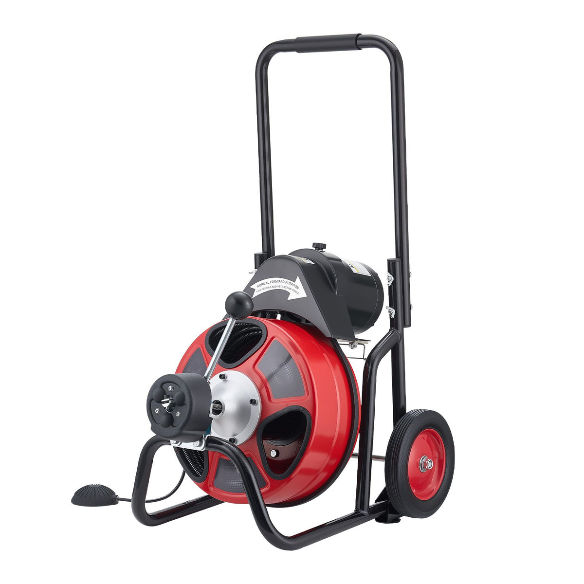 Drain Cleaner Machine 30m x 9.5mm, Auto Feed Sewer Snake Auger on Wheels, Portable Drain Cleaning Machine with 4 Cutters & Air-activated Foot Switch for 50mm to 100mm Pipes