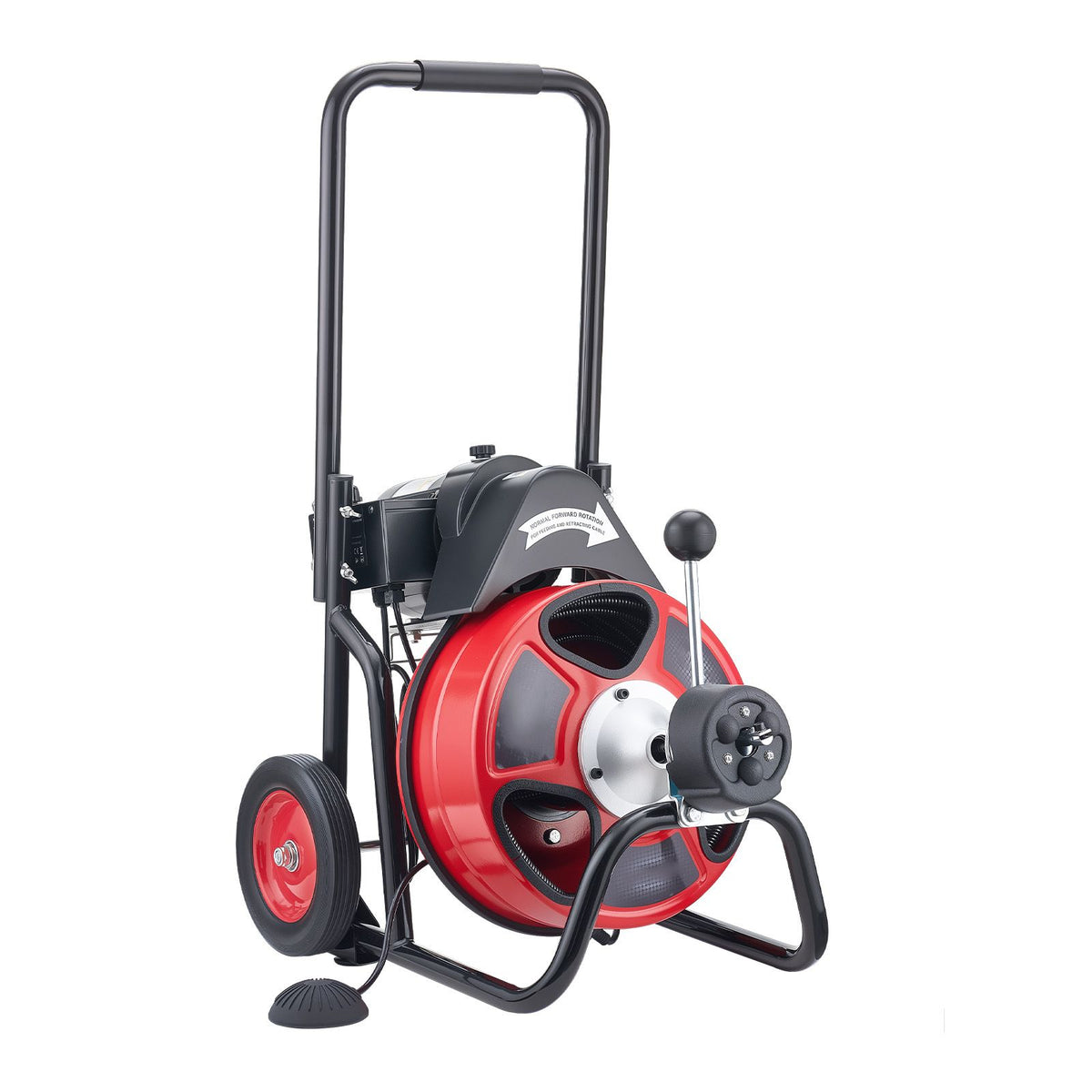 Drain Cleaner Machine 30m x 9.5mm, Auto Feed Sewer Snake Auger on Wheels, Portable Drain Cleaning Machine with 4 Cutters & Air-activated Foot Switch for 50mm to 100mm Pipes