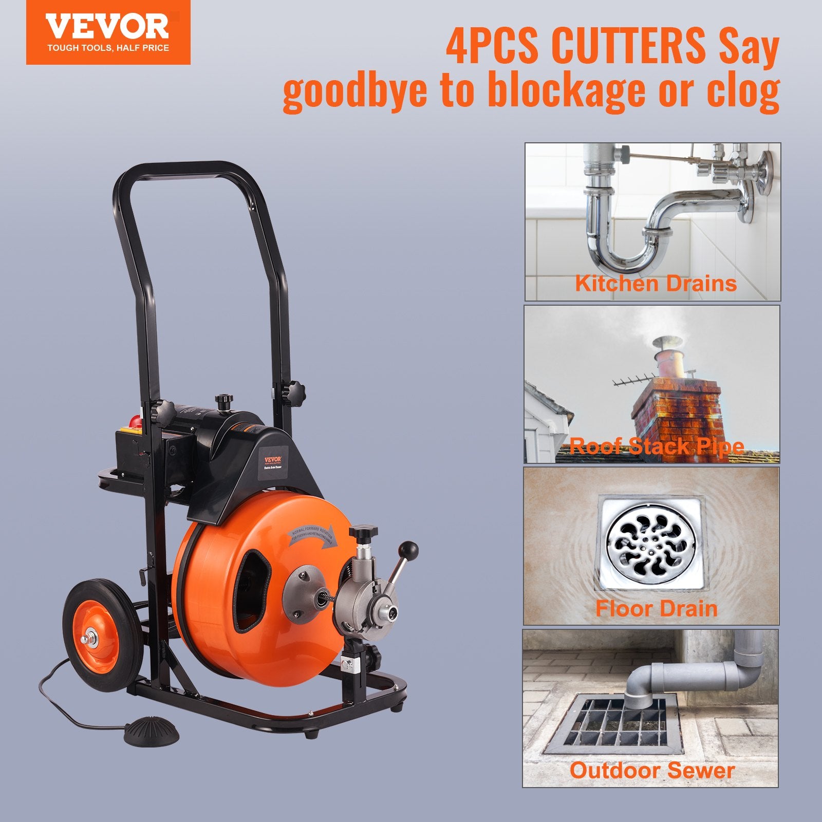Gardening Tools: VEVOR Drain Cleaner Machine 75FT x 3/8Inch, Auto Feed Sewer Snake Auger with 4 Cutter & Air-activated Foot Switch for 2" to 4" Pipes